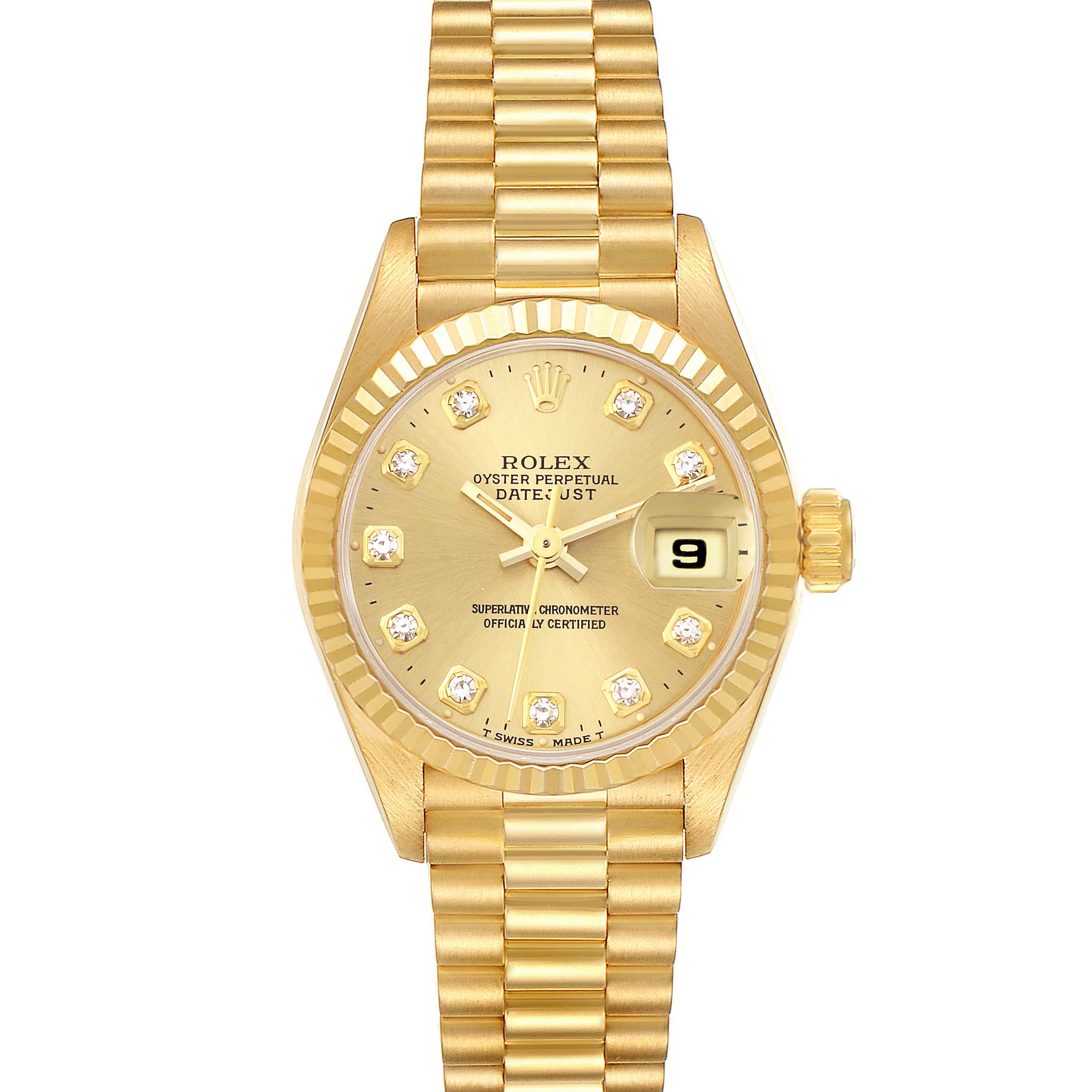 The image shows a frontal view of a Rolex President 69178 Women
s Yellow Gold Champagne Dial 69178 Women
s Yellow Gold Champagne Dial model, displaying the dial, bezel, bracelet, and date window.