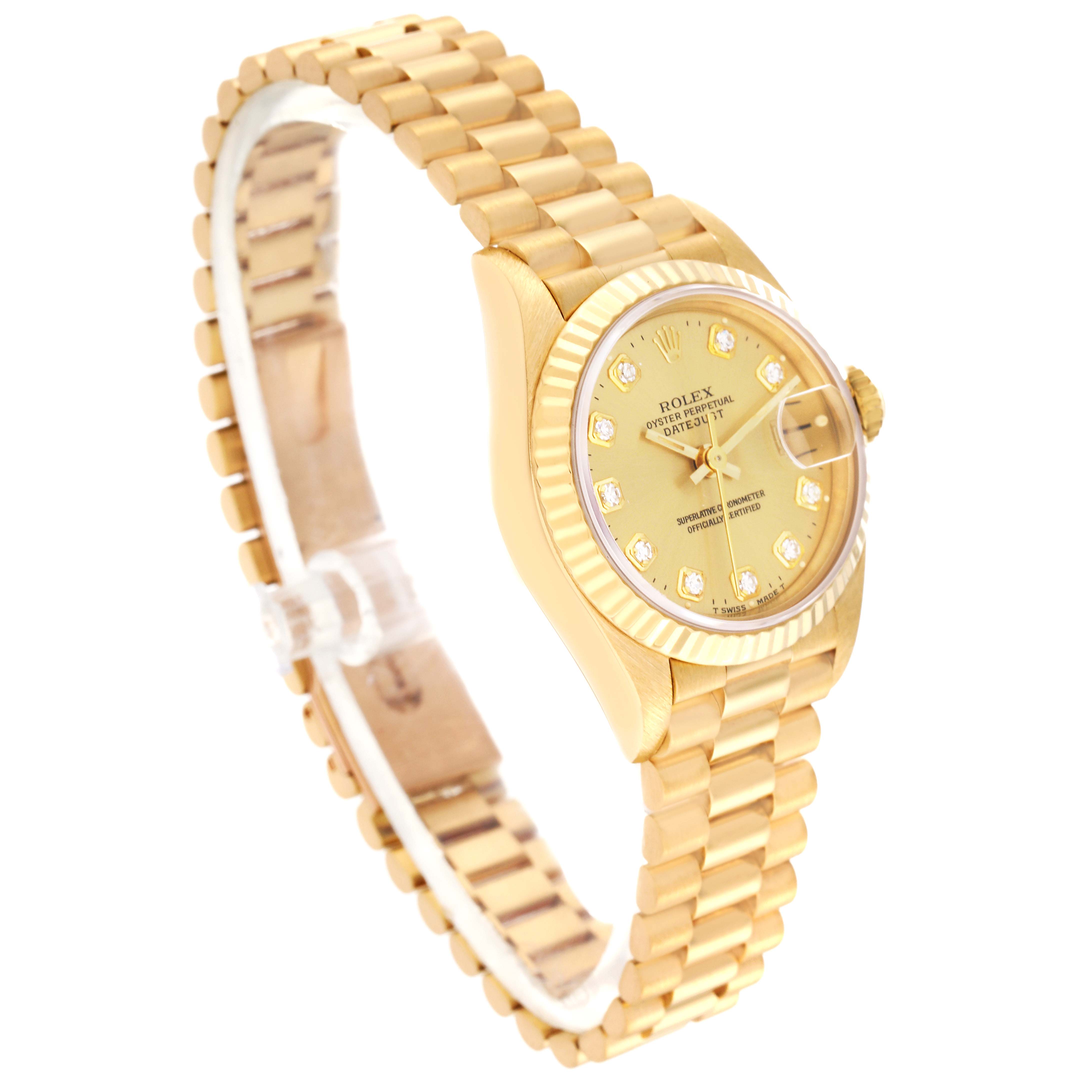 The image shows a Rolex President 69178 Women
s Yellow Gold Champagne Dial 69178 Women
s Yellow Gold Champagne Dial model watch at a three-quarter angle, displaying the dial, bezel, crown, and bracelet.