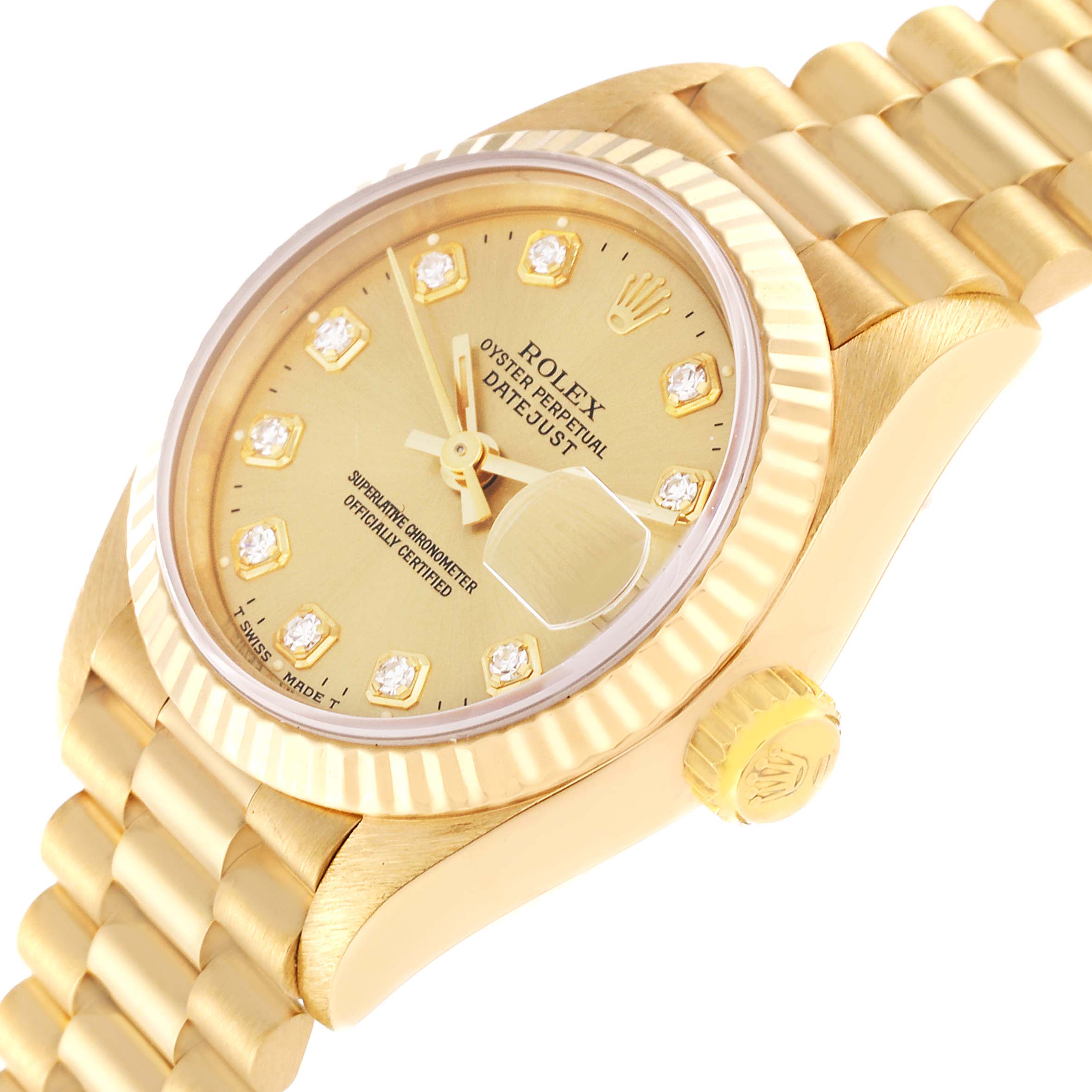 The image shows a close-up of the Rolex President 69178 Women
s Yellow Gold Champagne Dial 69178 Women
s Yellow Gold Champagne Dial model watch, displaying the gold dial, diamond hour markers, bezel, crown, and part of the bracelet.