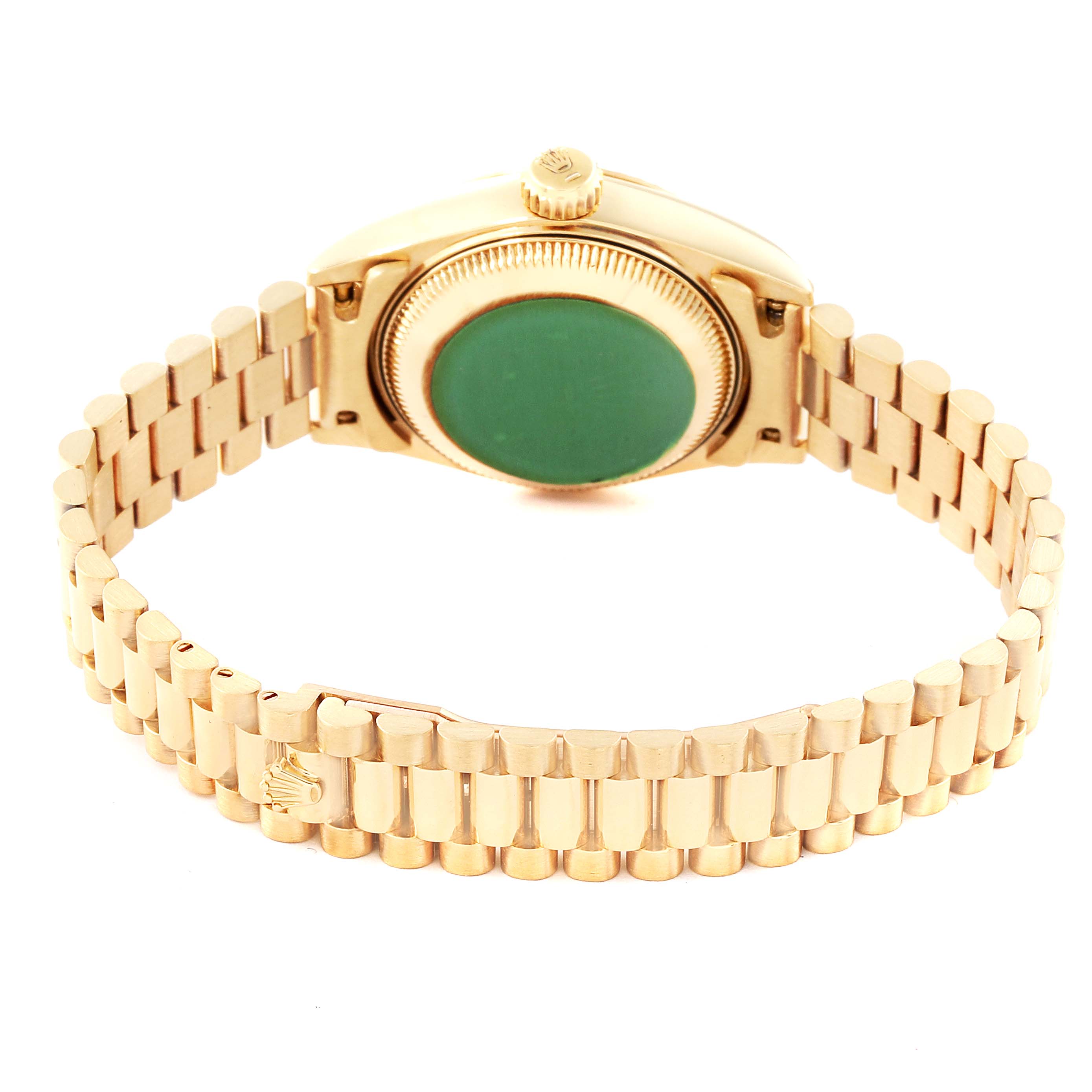 This image shows the back and bracelet of a Rolex President 69178 Women
s Yellow Gold Champagne Dial 69178 Women
s Yellow Gold Champagne Dial model watch from an oblique angle.