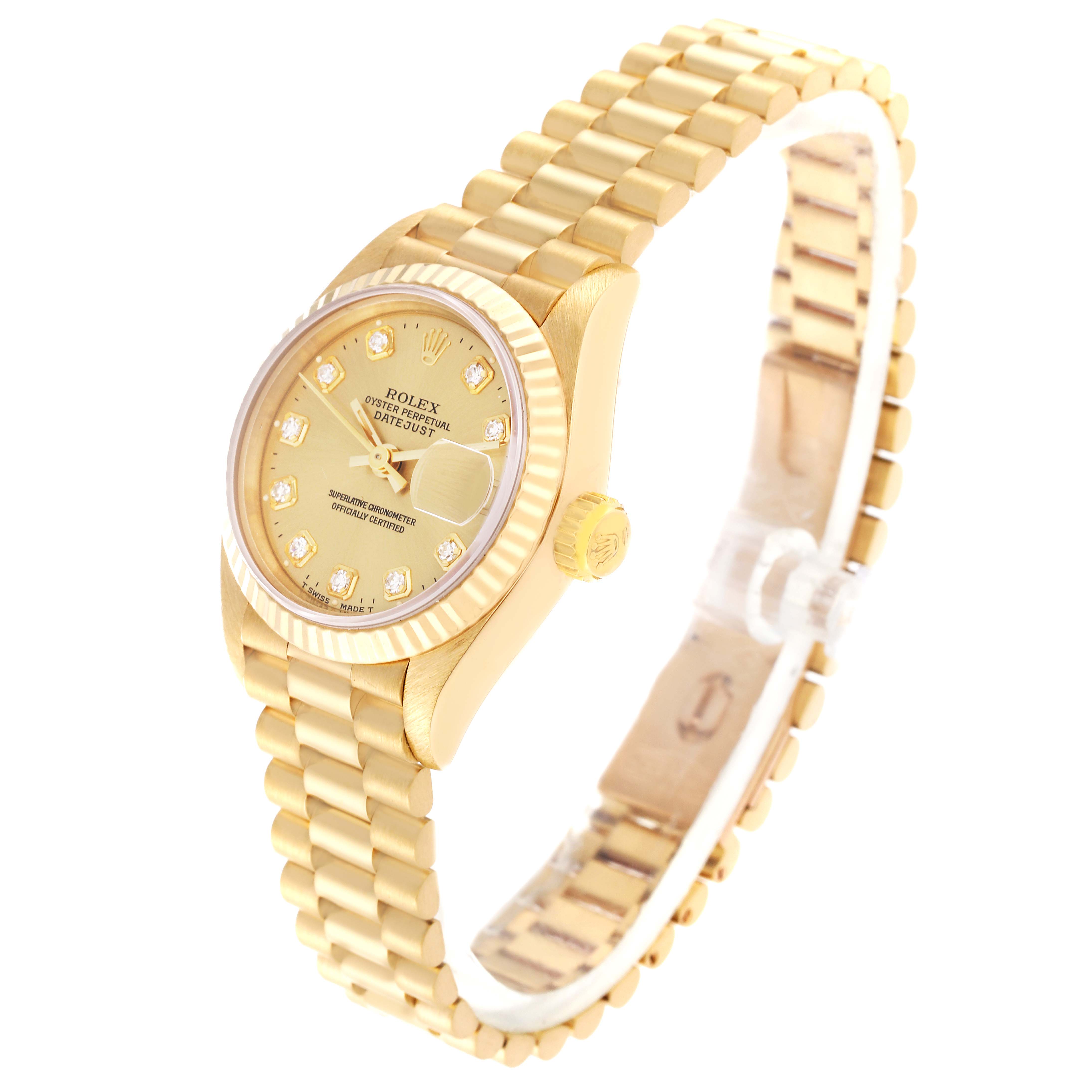 The Rolex President 69178 Women
s Yellow Gold Champagne Dial 69178 Women
s Yellow Gold Champagne Dial model watch is shown at a three-quarter angle, displaying its gold bracelet, dial, and fluted bezel.