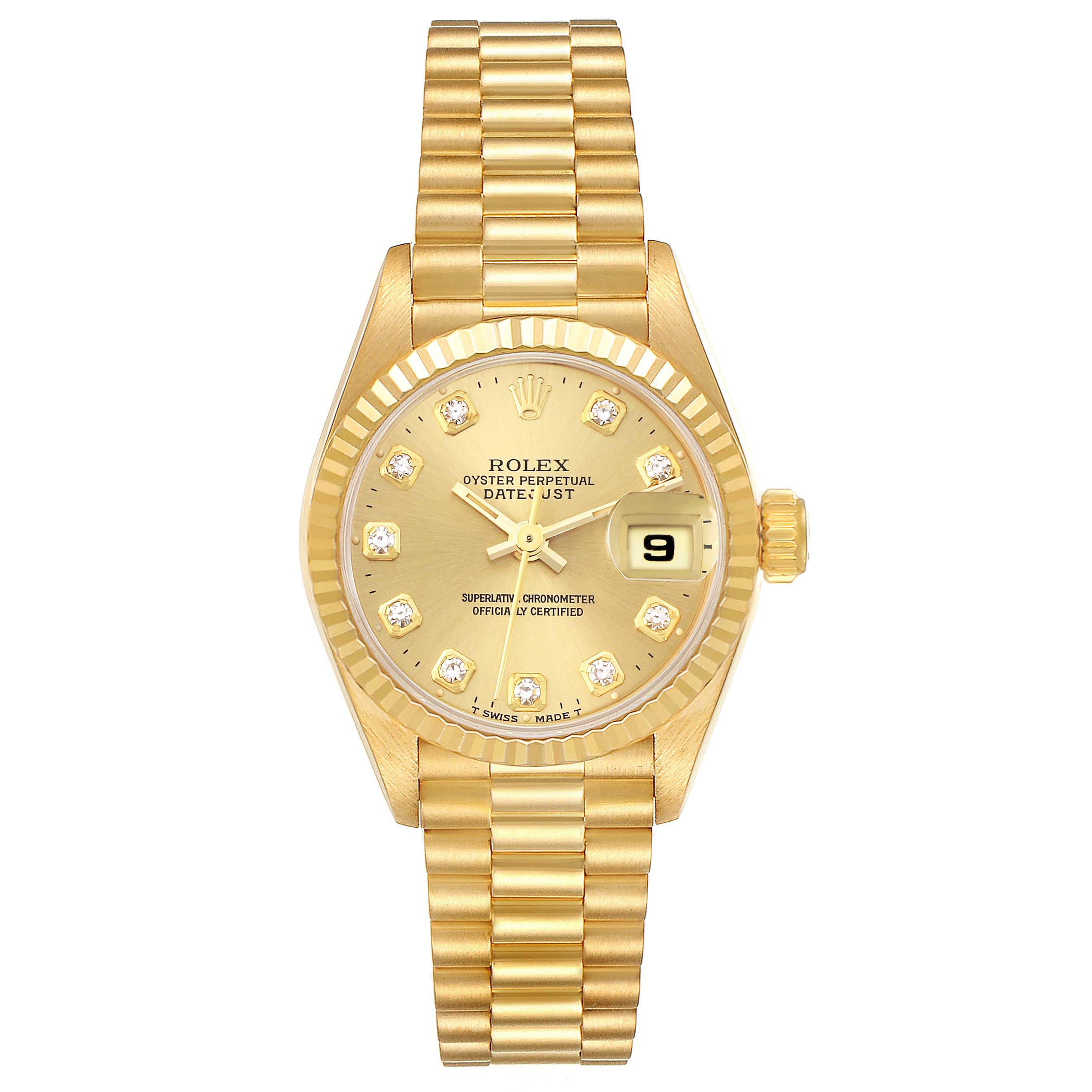 This image shows a front view of the Rolex President 69178 Women
s Yellow Gold Champagne Dial 69178 Women
s Yellow Gold Champagne Dial model watch, showcasing its dial, fluted bezel, and bracelet.