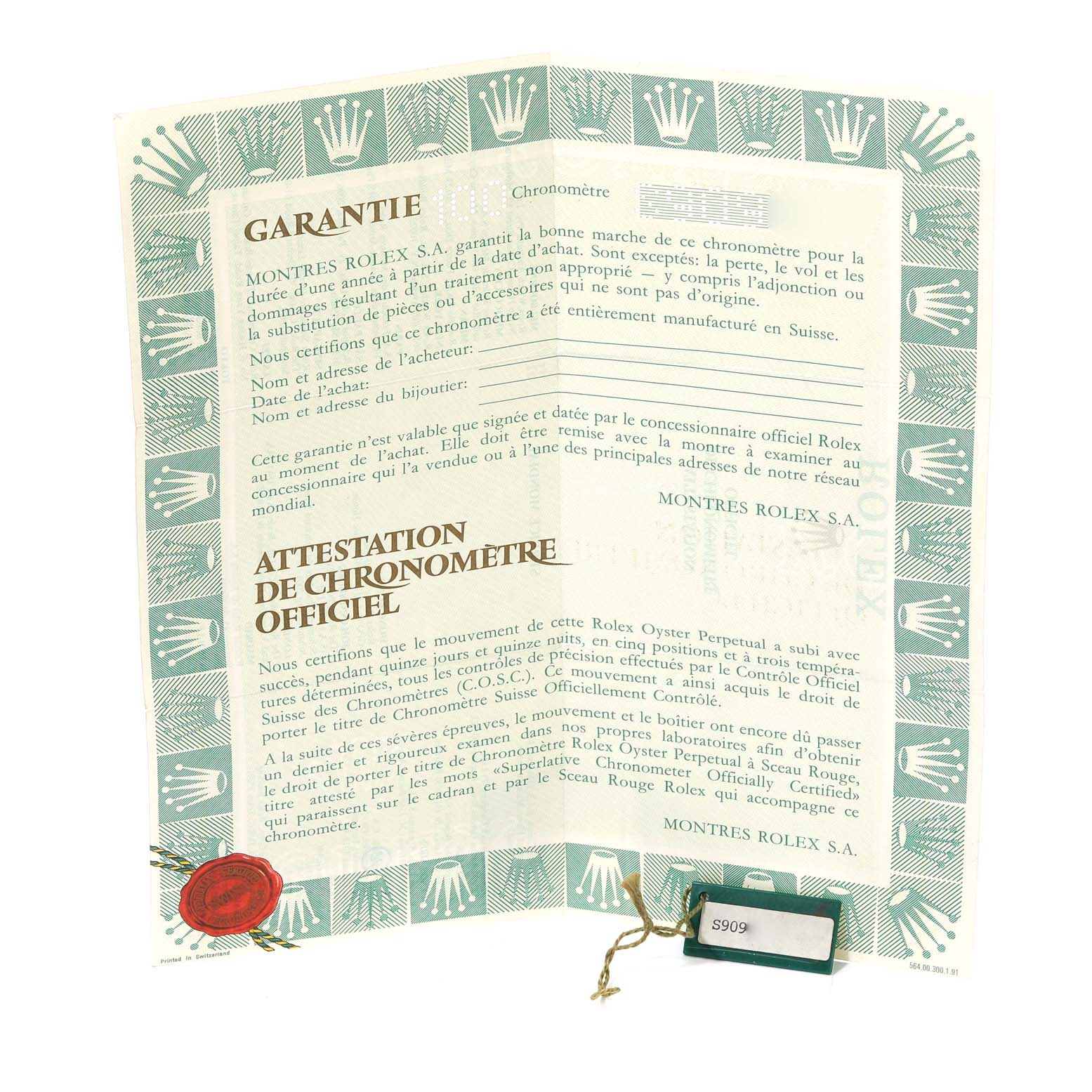 This image shows the warranty and official chronometer certification for the Rolex President 69178 Women
s Yellow Gold Champagne Dial 69178 Women
s Yellow Gold Champagne Dial model.