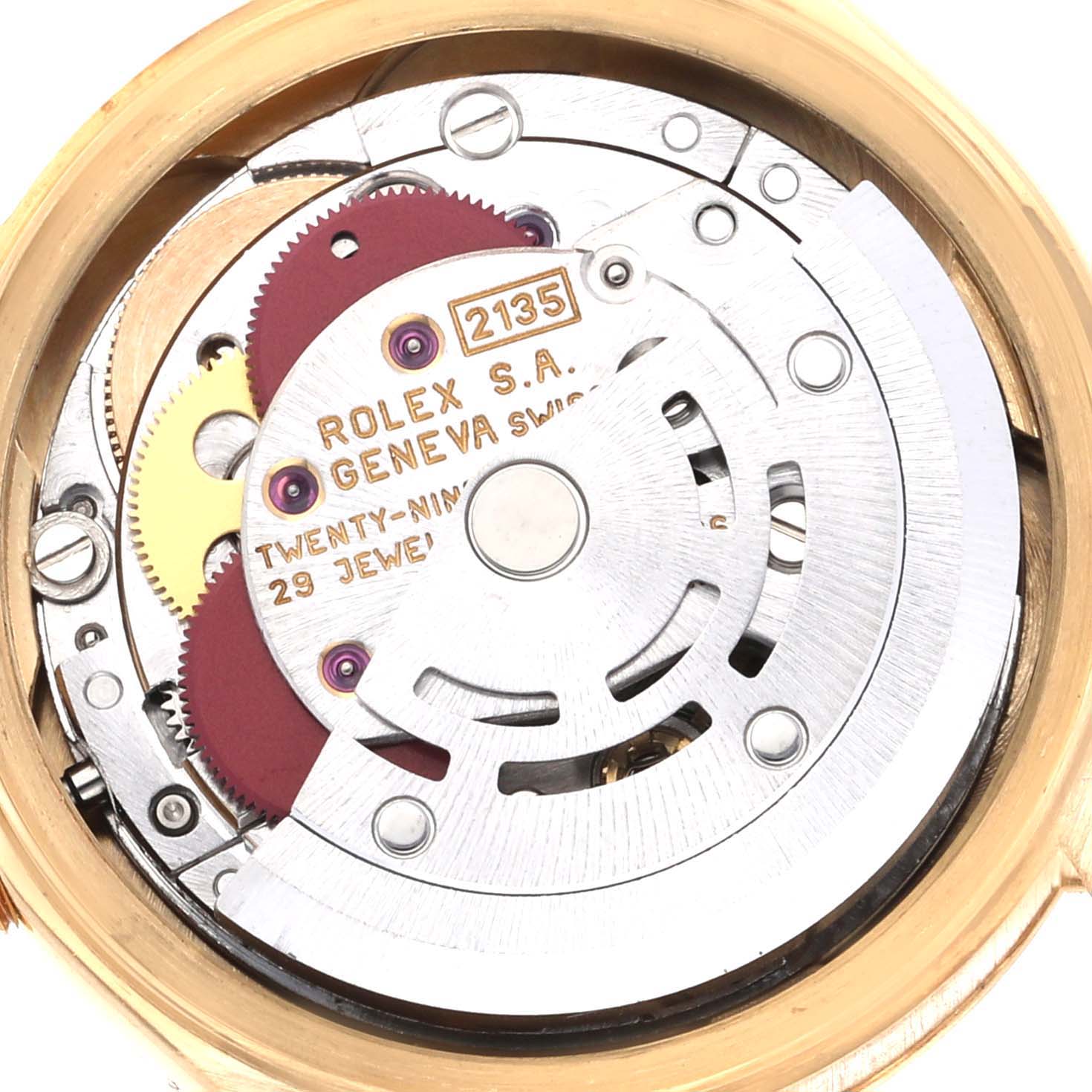 This image shows a close-up view of the movement and internal mechanics of a Rolex President 69178 Women
s Yellow Gold Champagne Dial 69178 Women
s Yellow Gold Champagne Dial model.