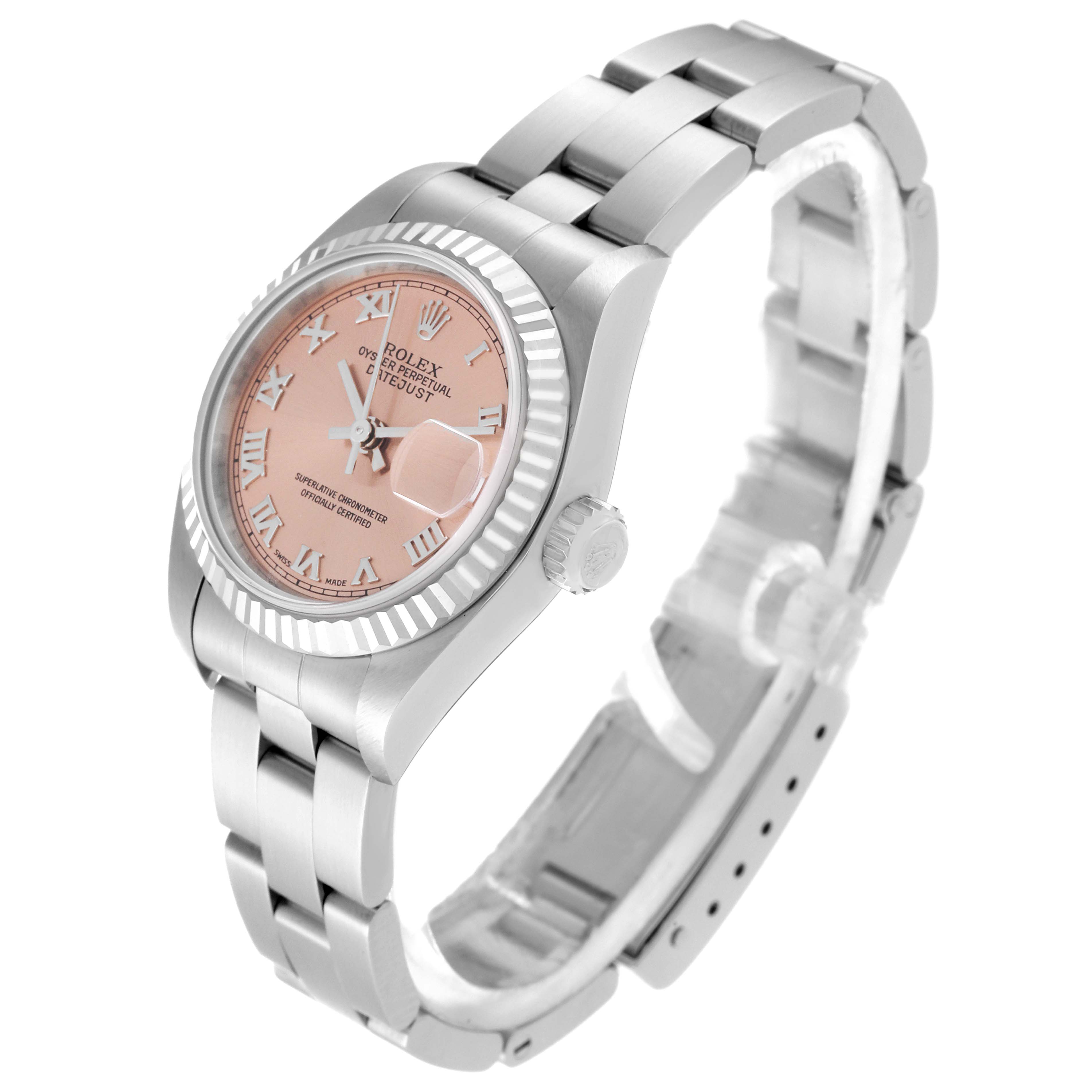 This Rolex Datejust 79174 Women's Stainless Steel Pink Dial 79174 Women's Stainless Steel Pink Dial watch is shown at a slight angle, highlighting its dial, fluted bezel, and metal bracelet.