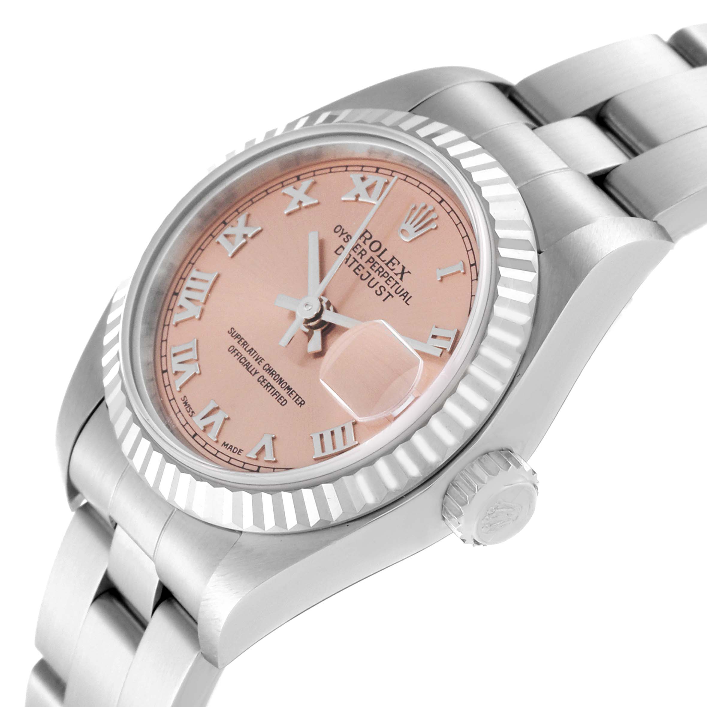 The image shows a side angle of a Rolex Datejust 79174 Women's Stainless Steel Pink Dial 79174 Women's Stainless Steel Pink Dial watch, featuring its pink dial, Roman numerals, fluted bezel, and part of the bracelet.