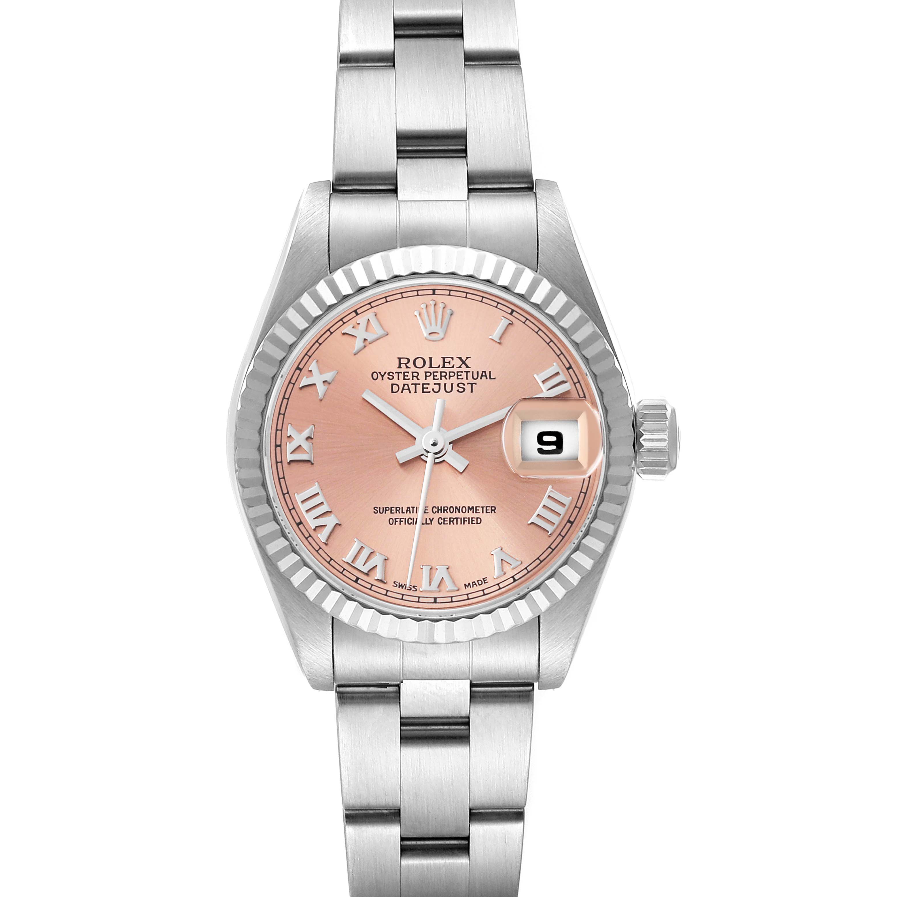 This image shows a front view of a Rolex Datejust 79174 Women's Stainless Steel Pink Dial 79174 Women's Stainless Steel Pink Dial watch, displaying the dial, case, bezel, and part of the bracelet.