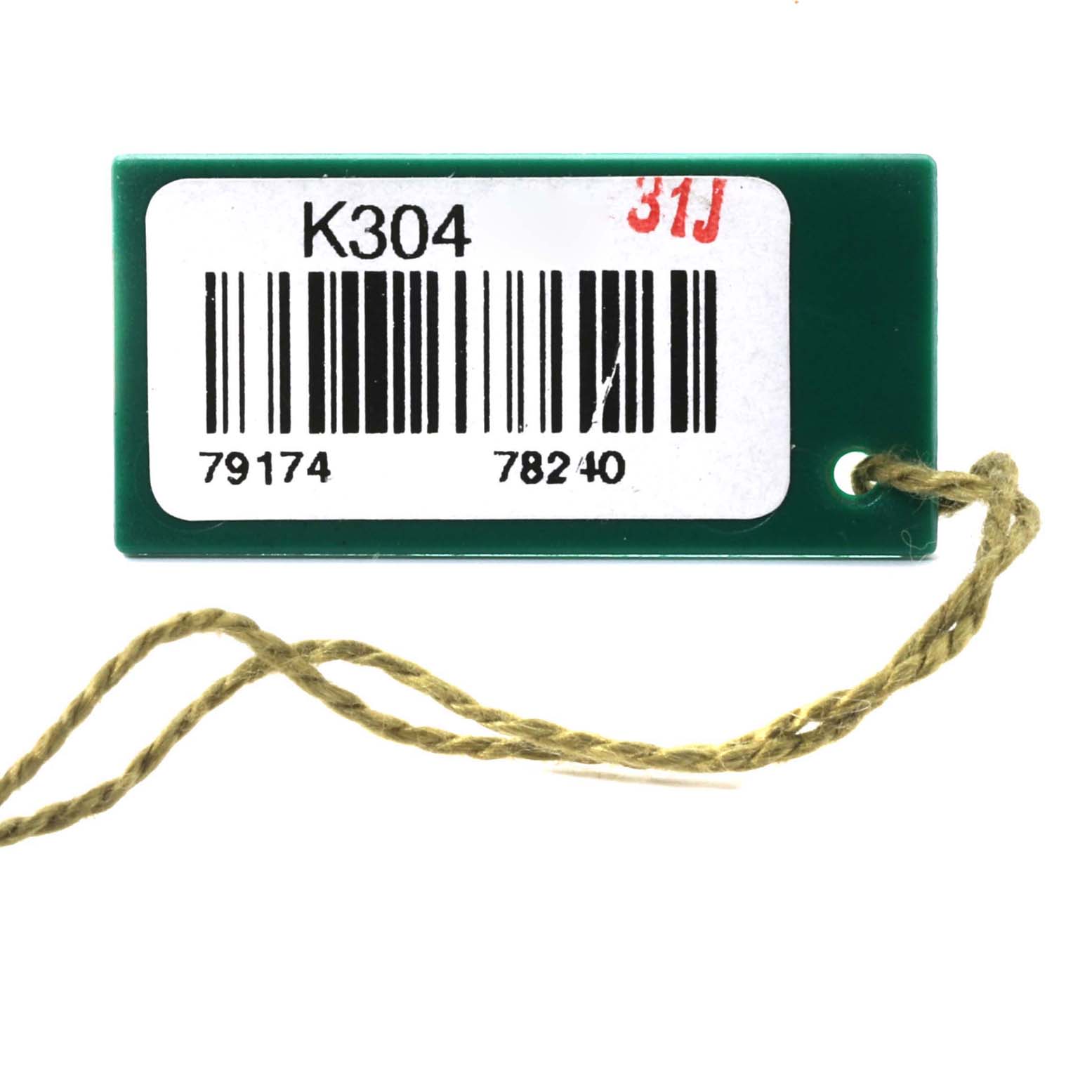 This image shows a green tag with a barcode and numbers, likely an accessory for a Rolex Datejust 79174 Women's Stainless Steel Pink Dial 79174 Women's Stainless Steel Pink Dial model watch.