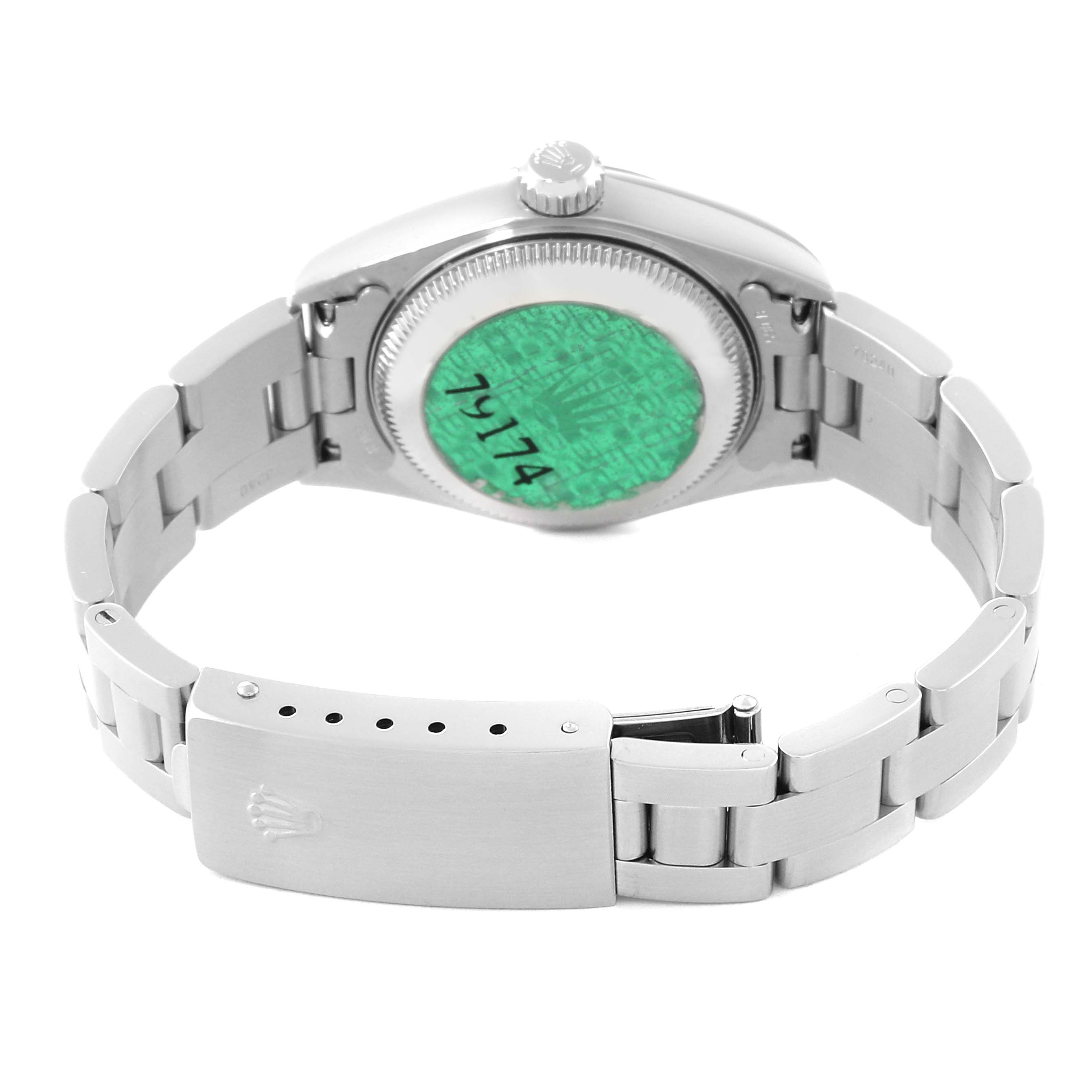 The image shows the back case and bracelet of a Rolex Datejust 79174 Women's Stainless Steel Pink Dial 79174 Women's Stainless Steel Pink Dial watch, including the clasp and screw-down case back.