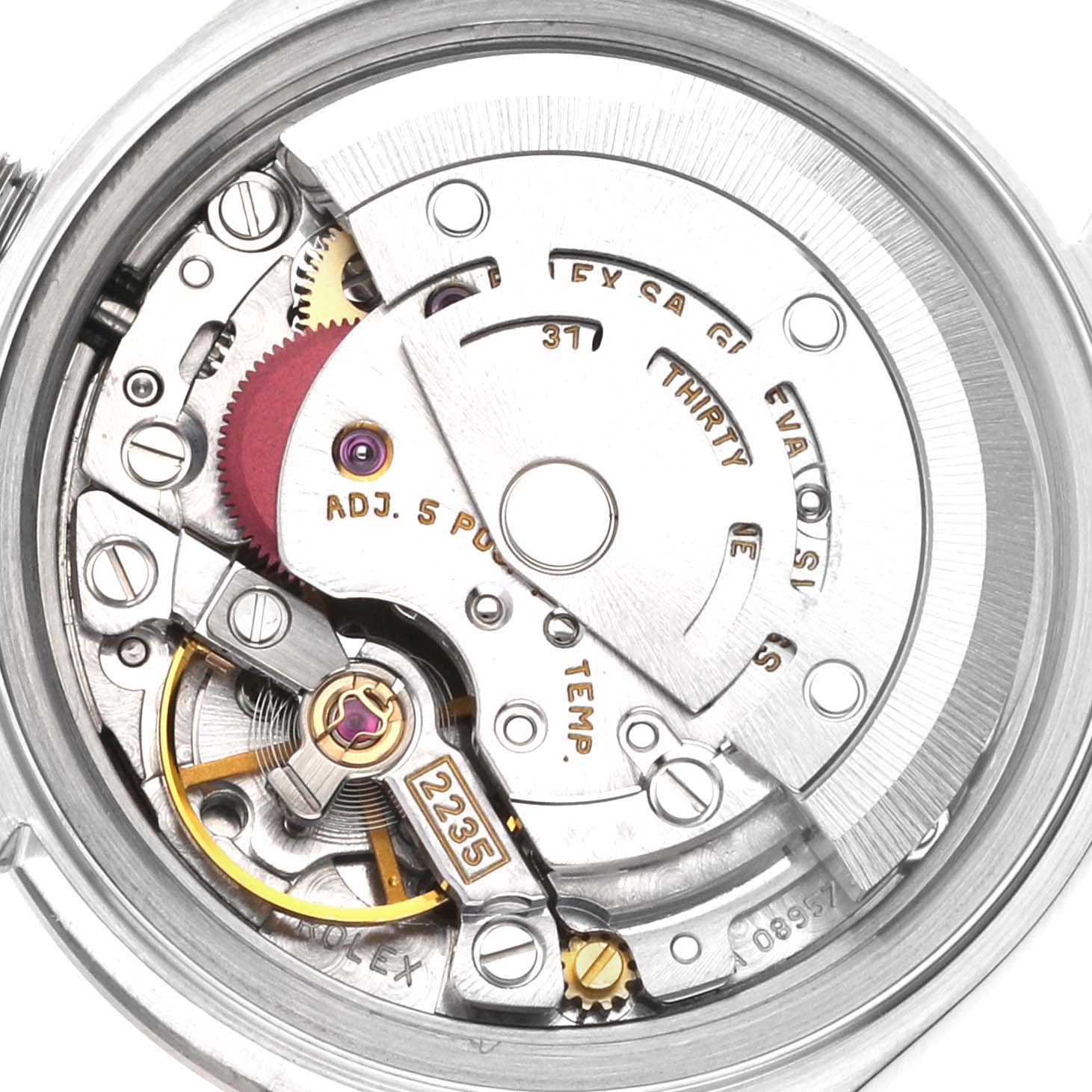 This image shows the internal mechanism of a Rolex Datejust 79174 Women's Stainless Steel Pink Dial 79174 Women's Stainless Steel Pink Dial watch from the back.