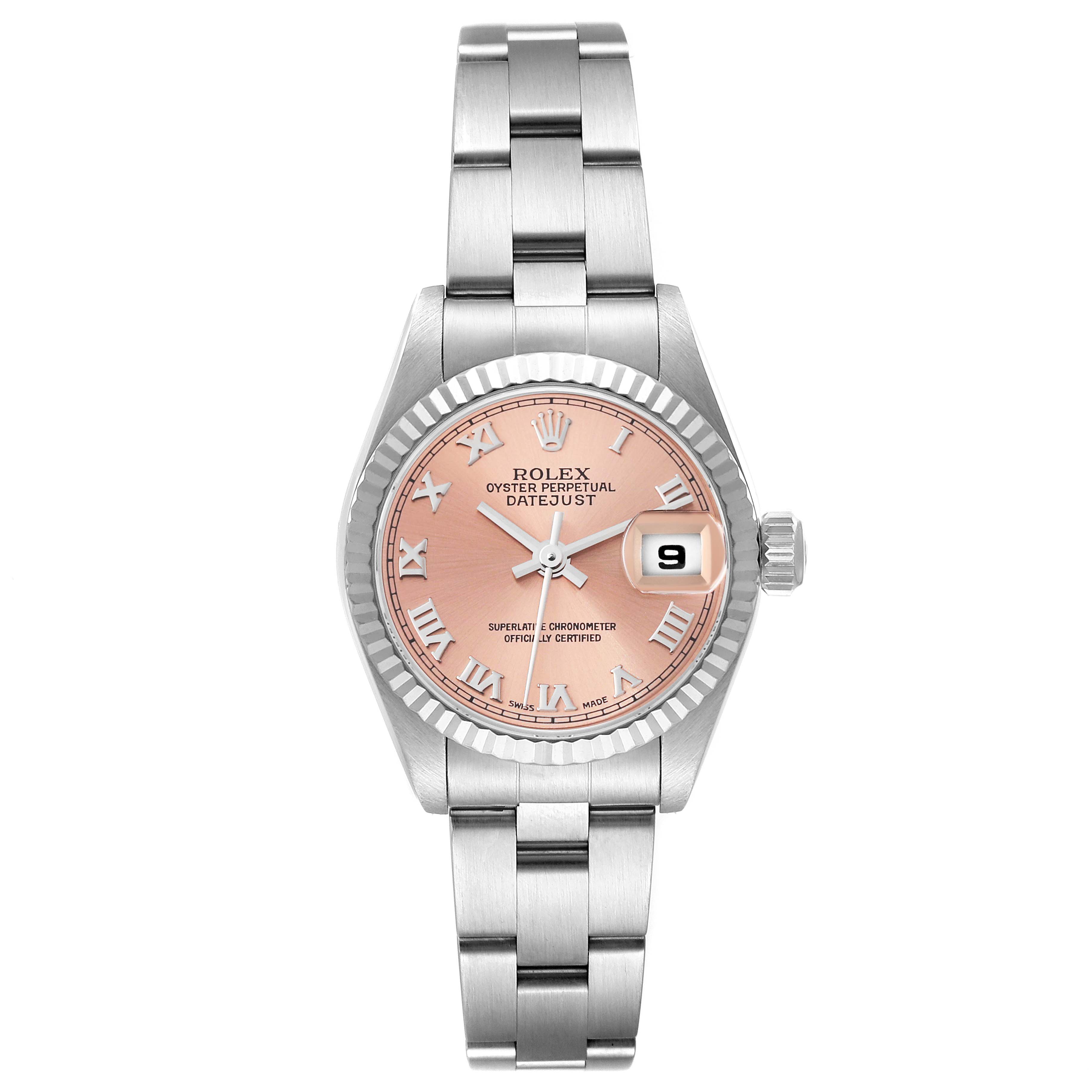 The image shows a front view of the Rolex Datejust 79174 Women's Stainless Steel Pink Dial 79174 Women's Stainless Steel Pink Dial watch, displaying its pink dial, fluted bezel, bracelet, and date window.