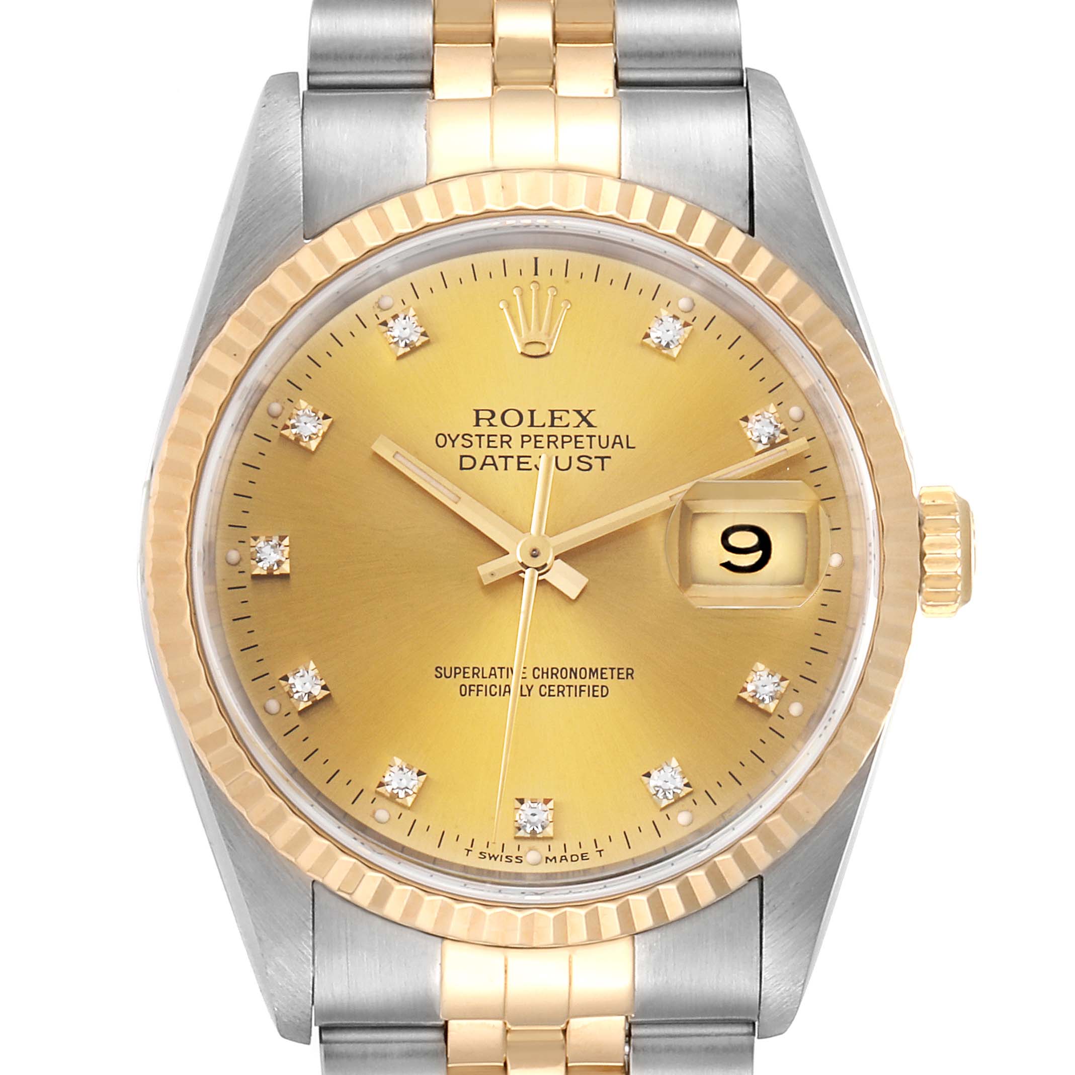 This Rolex Datejust 16233 Men
s Steel and Gold (two tone) Champagne Dial 16233 Men
s Steel and Gold (two tone) Champagne Dial watch is shown from the front, highlighting its gold dial, fluted bezel, and two-tone bracelet.