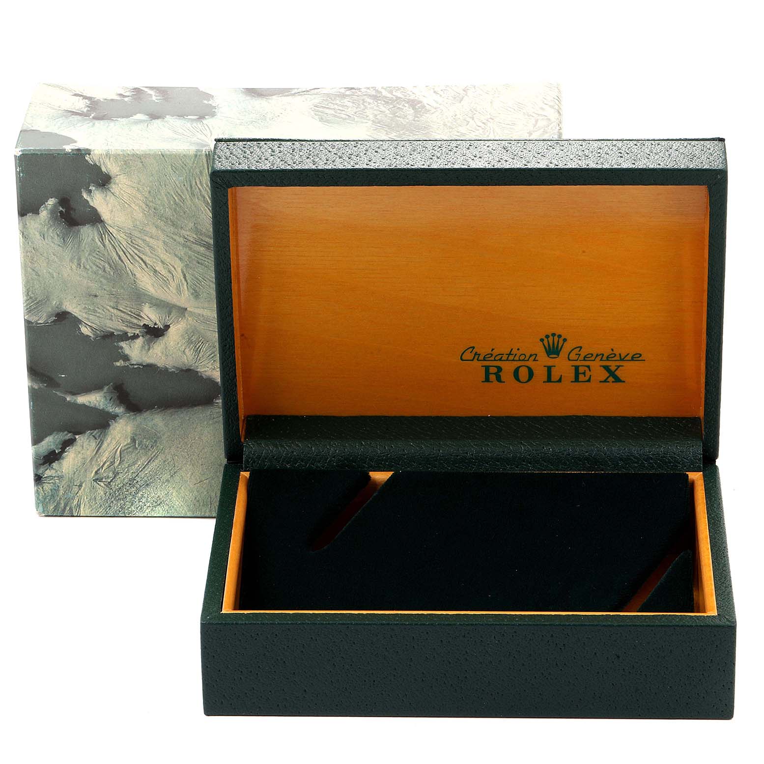 The image shows an open, empty Rolex Datejust 16233 Men
s Steel and Gold (two tone) Champagne Dial 16233 Men
s Steel and Gold (two tone) Champagne Dial watch box with branding inside the lid.