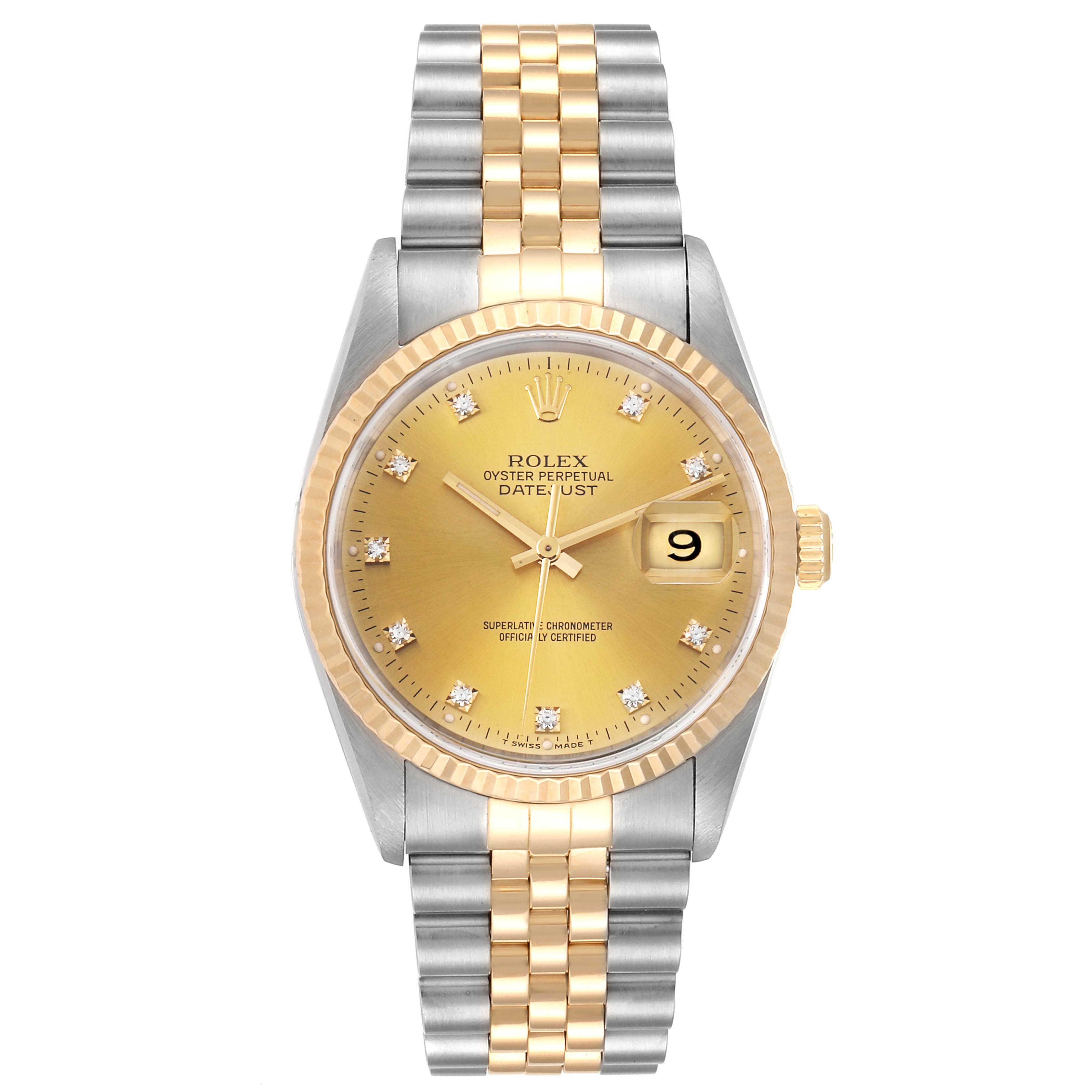 The image shows a Rolex Datejust 16233 Men
s Steel and Gold (two tone) Champagne Dial 16233 Men
s Steel and Gold (two tone) Champagne Dial watch in a straight-on angle, revealing the dial, bezel, and two-tone bracelet.