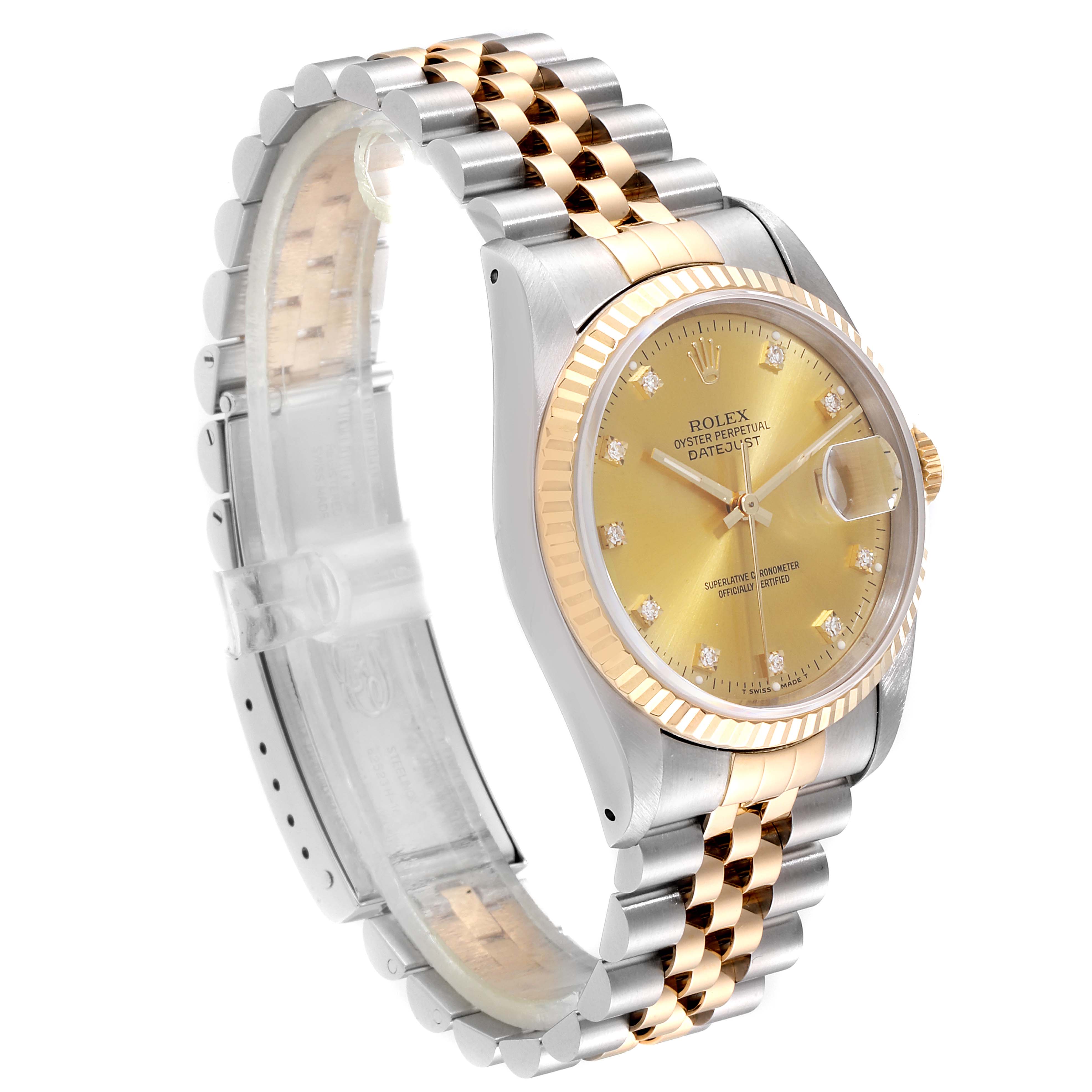 The Rolex Datejust 16233 Men
s Steel and Gold (two tone) Champagne Dial 16233 Men
s Steel and Gold (two tone) Champagne Dial watch is shown at a three-quarter angle, highlighting its gold and silver bracelet, fluted bezel, and champagne dial.