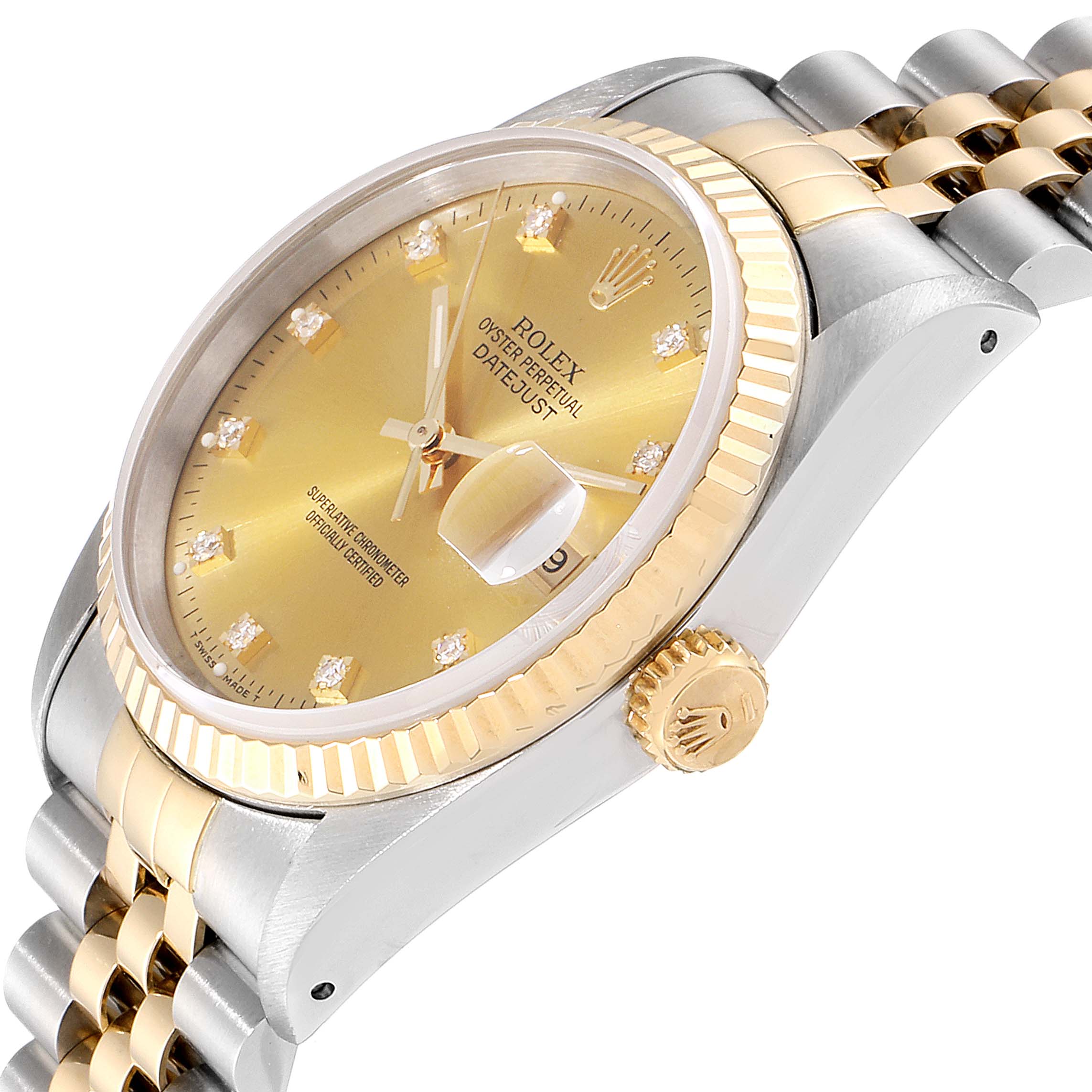 The image shows a side angle of the Rolex Datejust 16233 Men
s Steel and Gold (two tone) Champagne Dial 16233 Men
s Steel and Gold (two tone) Champagne Dial watch, highlighting the face, fluted bezel, crown, and part of the jubilee bracelet.