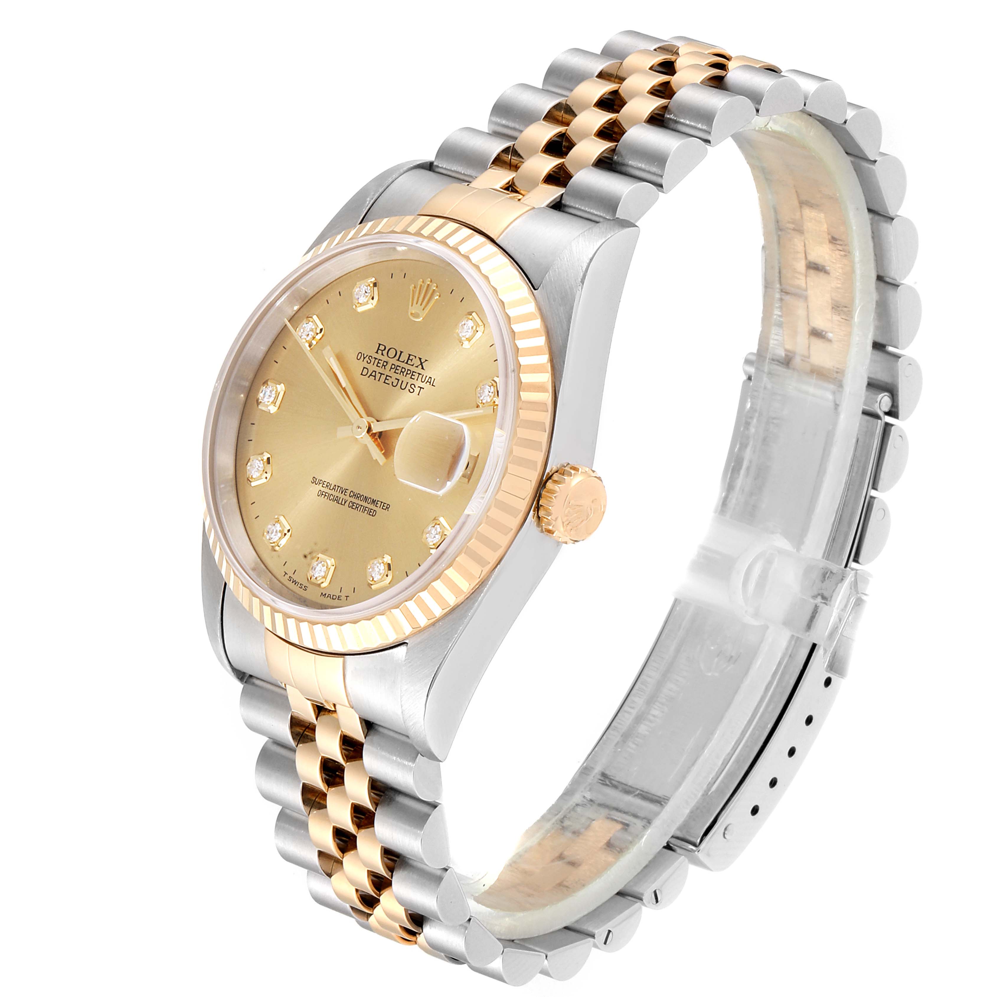 This Rolex Datejust 16233 Men
s Steel and Gold (two tone) Champagne Dial 16233 Men
s Steel and Gold (two tone) Champagne Dial watch is shown from a three-quarter view, displaying the face, bezel, crown, and Jubilee bracelet.