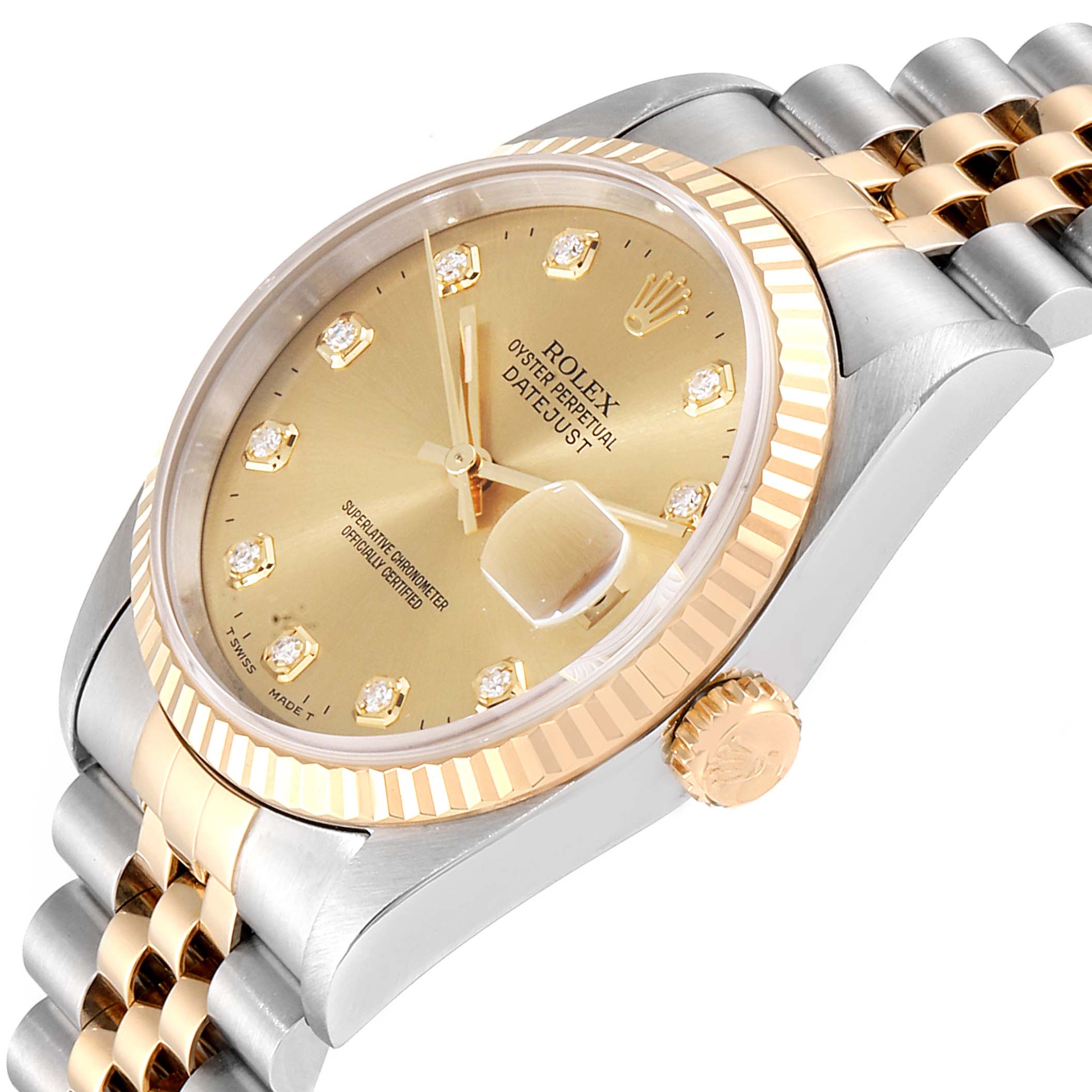 This image shows a Rolex Datejust 16233 Men
s Steel and Gold (two tone) Champagne Dial 16233 Men
s Steel and Gold (two tone) Champagne Dial watch at a slight angle, featuring its gold and silver bracelet and diamond-studded face.
