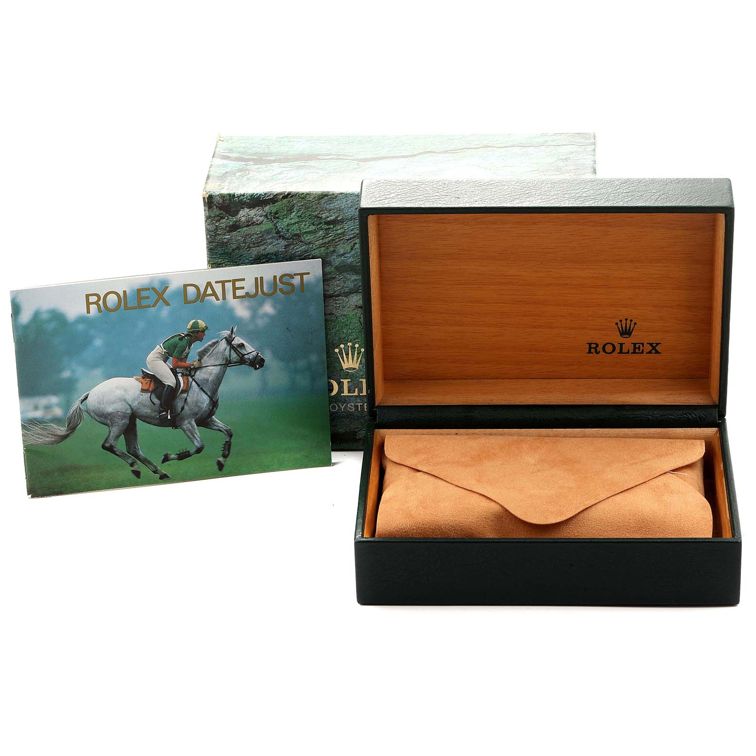 The image shows a Rolex Datejust 16233 Men
s Steel and Gold (two tone) Champagne Dial 16233 Men
s Steel and Gold (two tone) Champagne Dial box, booklet, and packaging, including an open wooden inner box and a cushioned pouch.