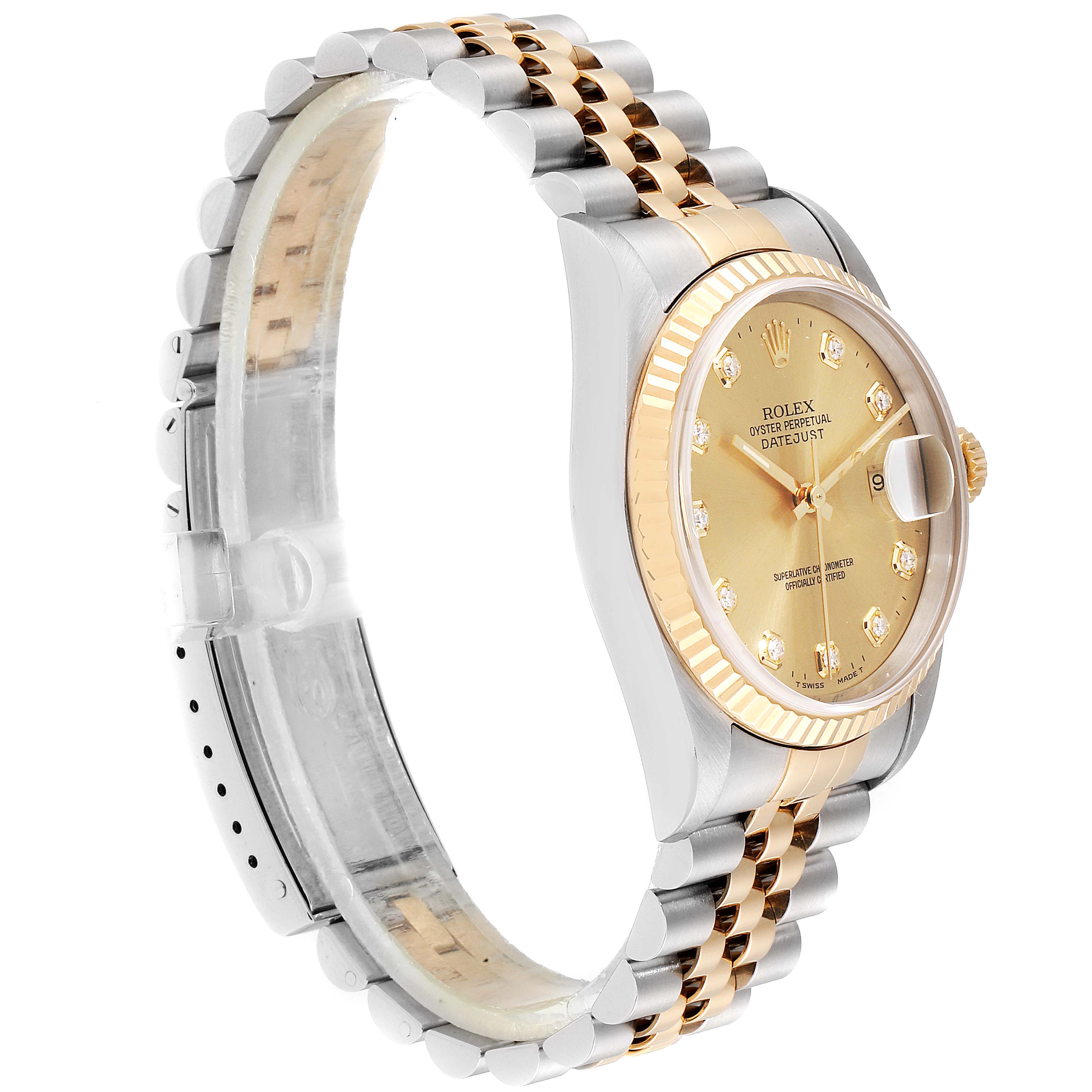 The image shows a side angle of the Rolex Datejust 16233 Men
s Steel and Gold (two tone) Champagne Dial 16233 Men
s Steel and Gold (two tone) Champagne Dial watch, displaying its bracelet, case, and dial.
