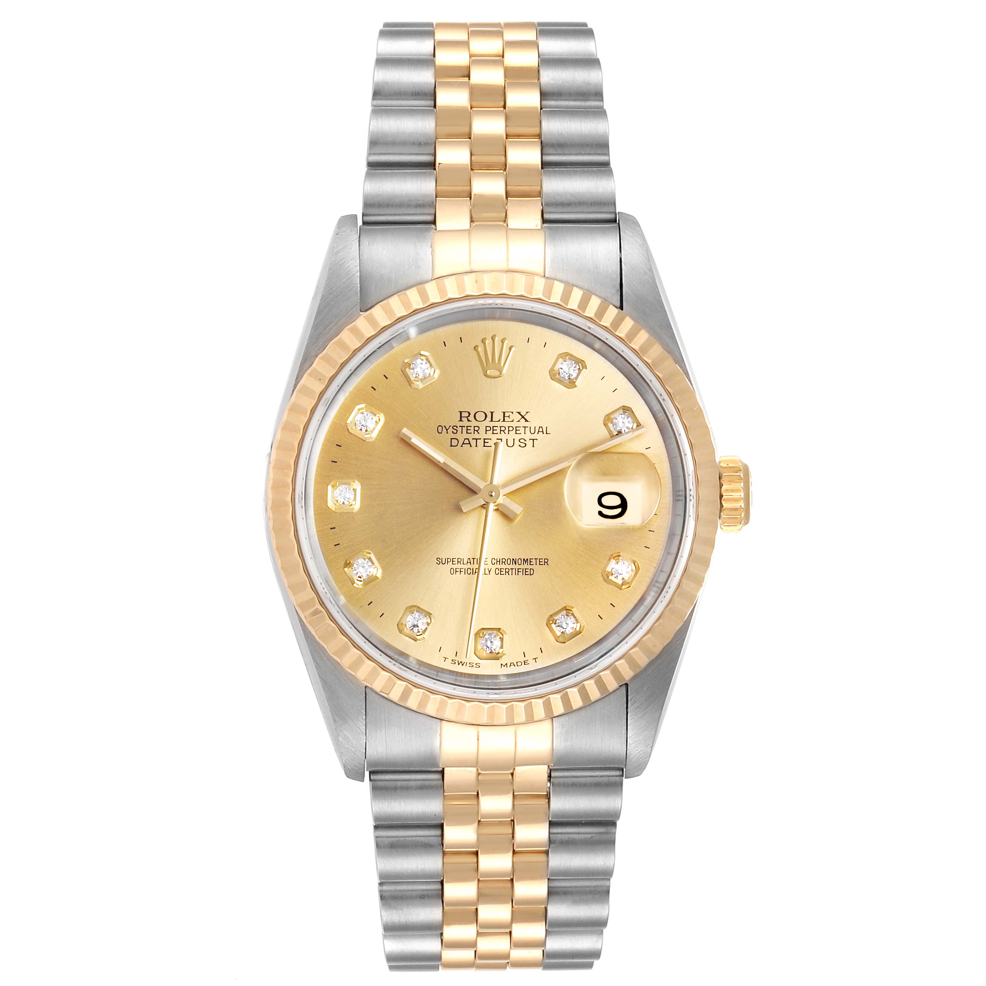 The Rolex Datejust 16233 Men
s Steel and Gold (two tone) Champagne Dial 16233 Men
s Steel and Gold (two tone) Champagne Dial watch is shown from a front angle, displaying its dial, bezel, crown, and Jubilee bracelet.