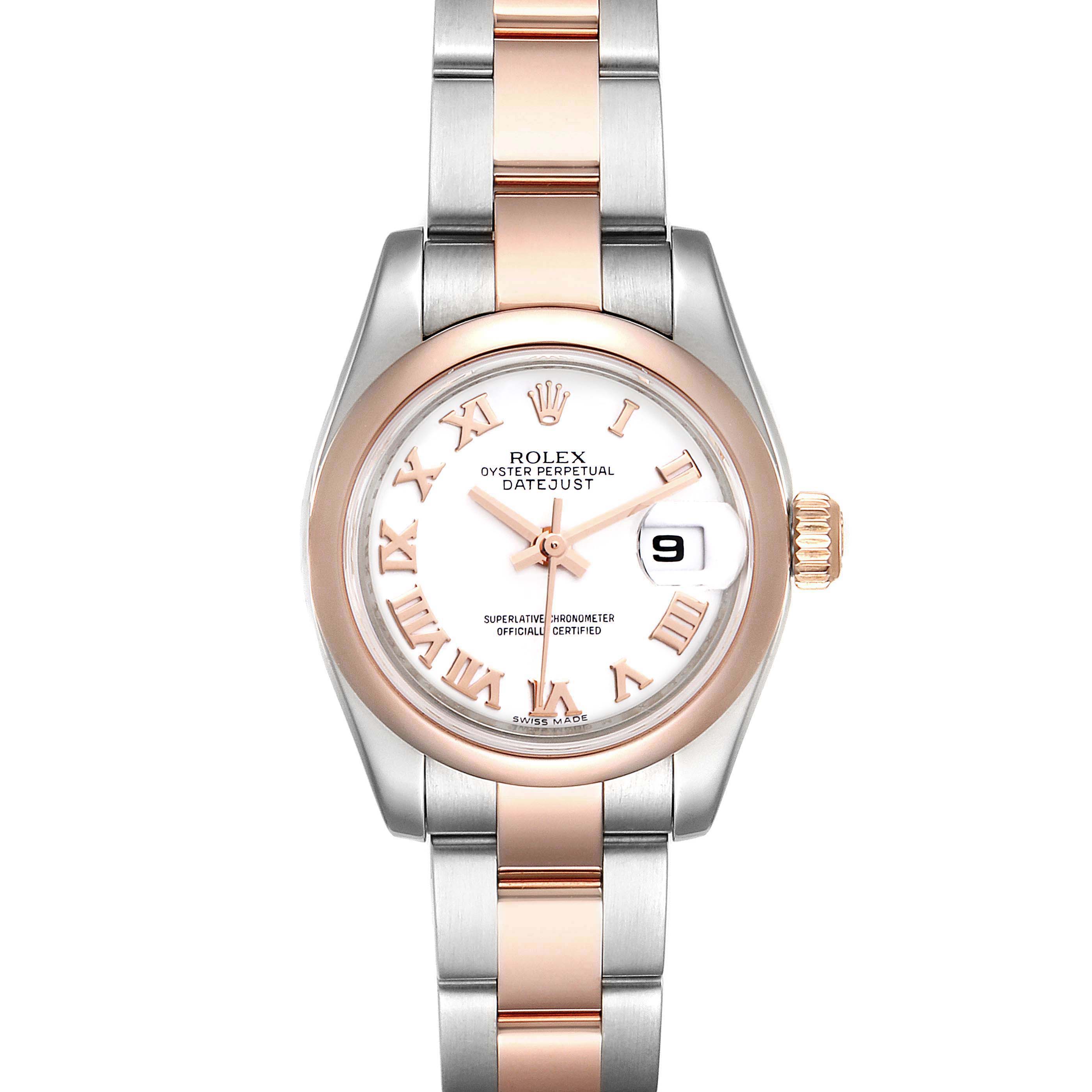 The image shows a front view of a Rolex Datejust 179161 Women
s Steel and Gold (two tone) White Dial 179161 Women
s Steel and Gold (two tone) White Dial watch, highlighting its dial, bezel, bracelet, and date display.