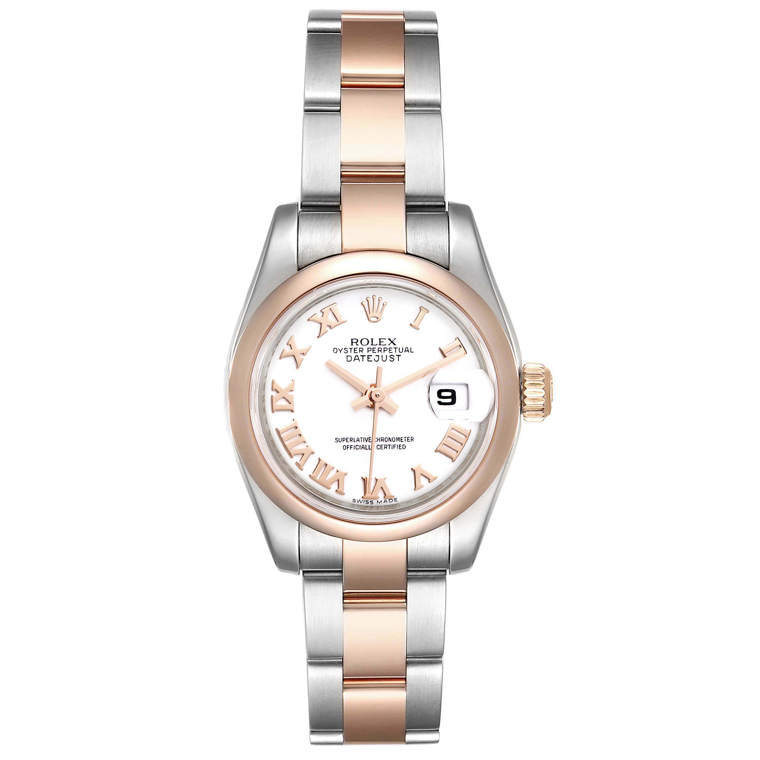 The image shows a Rolex Datejust 179161 Women
s Steel and Gold (two tone) White Dial 179161 Women
s Steel and Gold (two tone) White Dial from a top-down angle, displaying the watch face, bezel, crown, and bracelet.