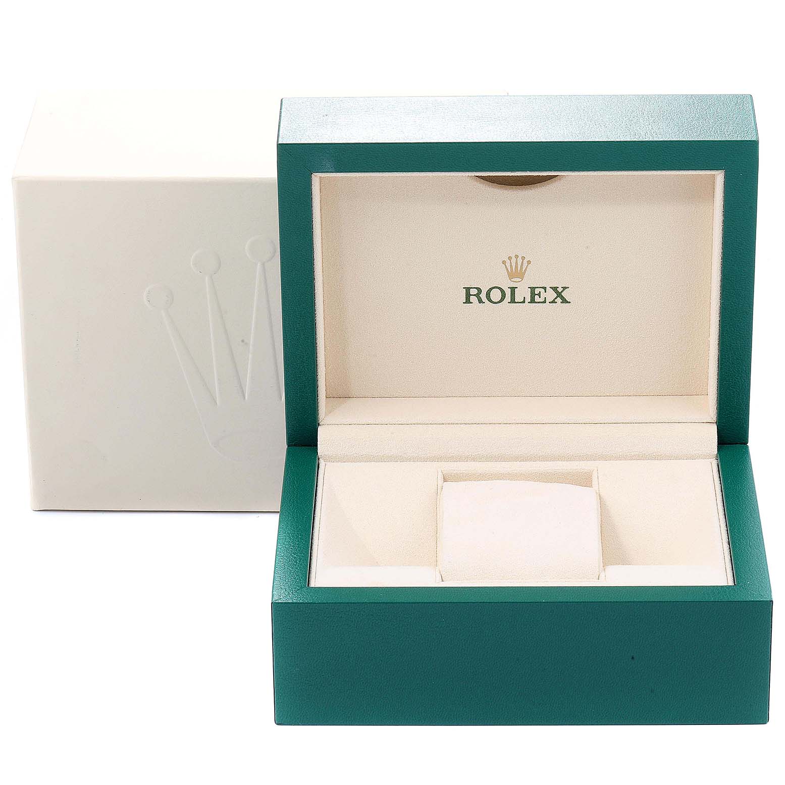 This image shows an open green and cream Rolex watch box and an outer white box, designed for a Datejust model by Rolex.