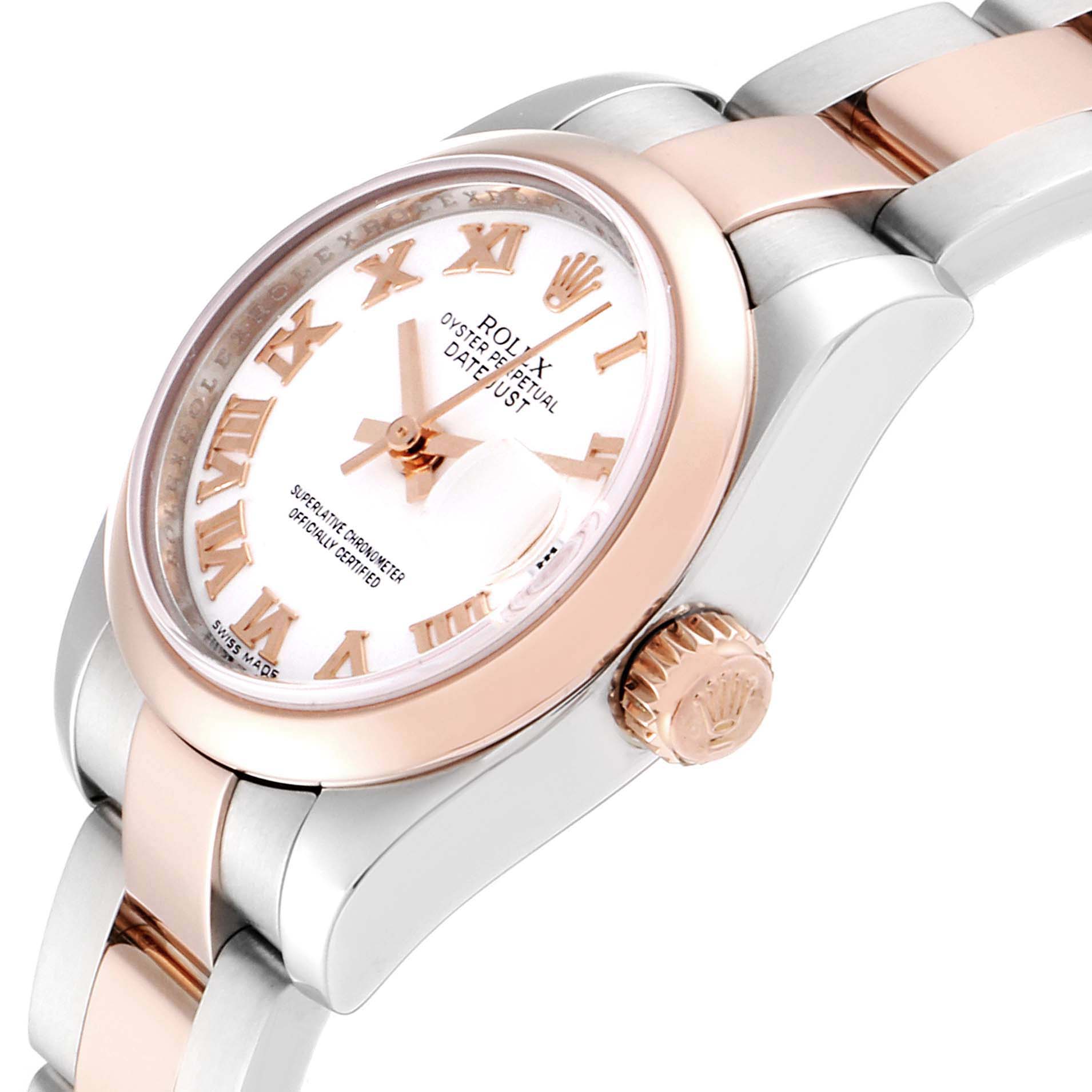 The image shows a close-up angle of a Rolex Datejust 179161 Women
s Steel and Gold (two tone) White Dial 179161 Women
s Steel and Gold (two tone) White Dial watch, highlighting the bezel, dial, crown, and part of the bracelet.