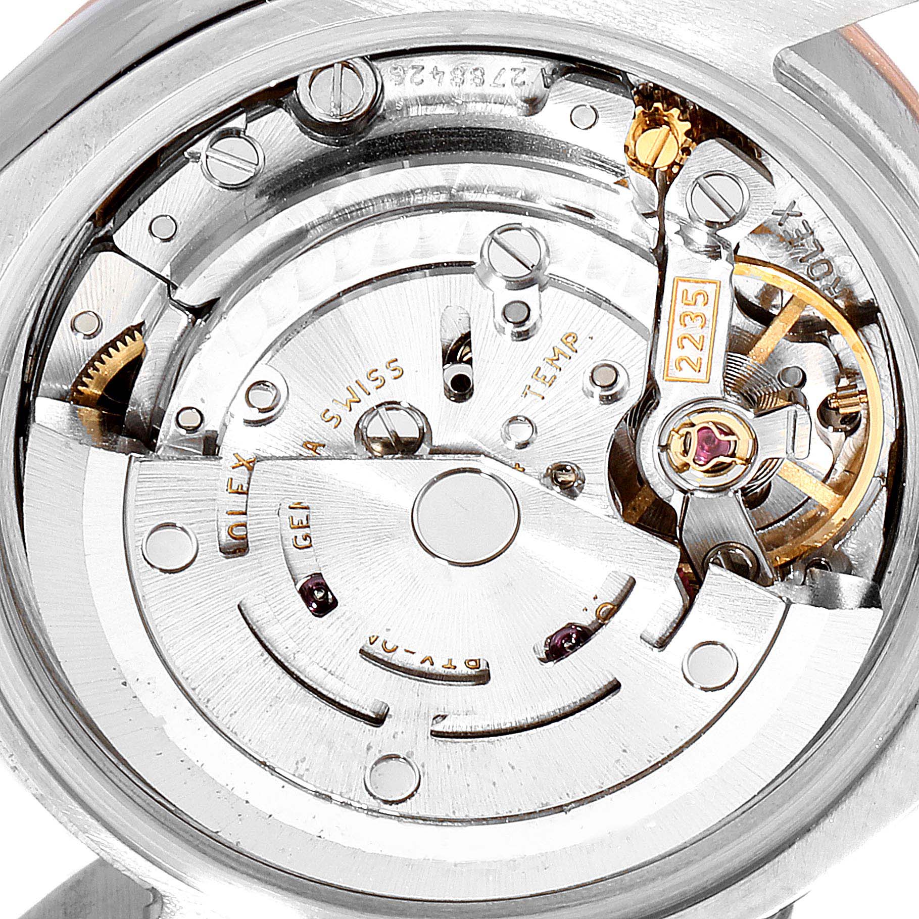 This close-up image shows the movement and internal mechanisms of a Rolex Datejust 179161 Women
s Steel and Gold (two tone) White Dial 179161 Women
s Steel and Gold (two tone) White Dial watch model.