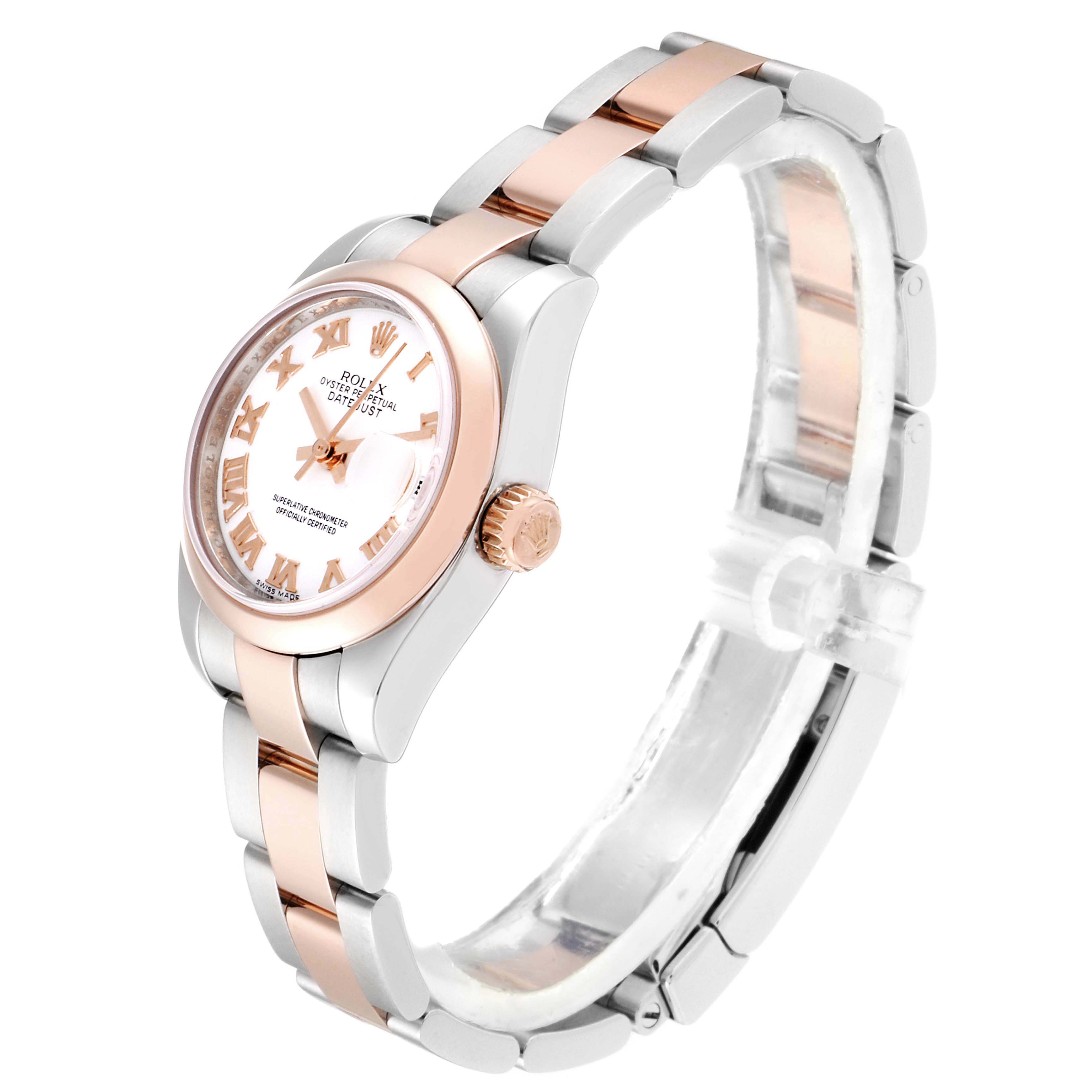 The image shows a Rolex Datejust 179161 Women
s Steel and Gold (two tone) White Dial 179161 Women
s Steel and Gold (two tone) White Dial watch from a three-quarter angle, highlighting its bracelet, crown, and dial.