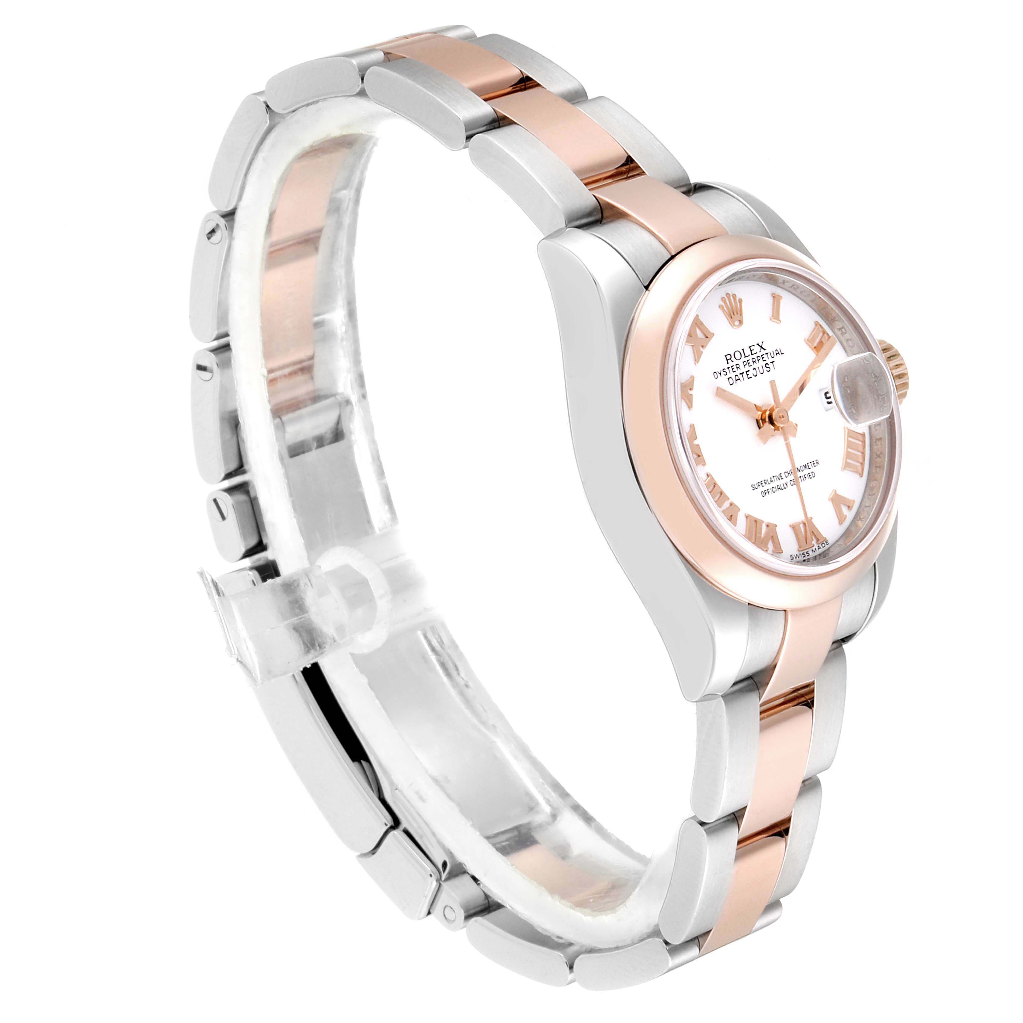 This image shows a Rolex Datejust 179161 Women
s Steel and Gold (two tone) White Dial 179161 Women
s Steel and Gold (two tone) White Dial watch at a side angle, highlighting the bracelet, case, and dial.