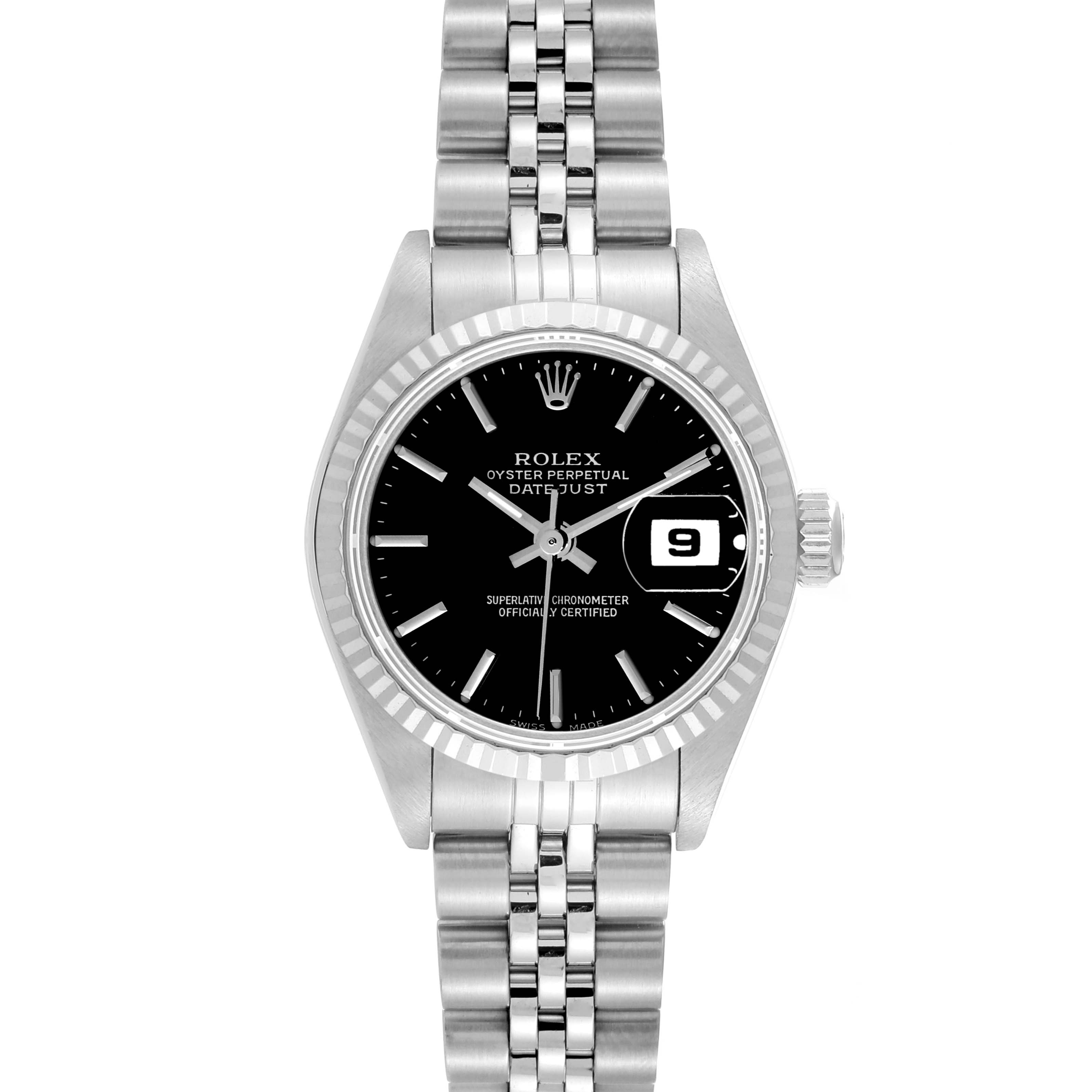 The Rolex Datejust 79174 Women's Stainless Steel Black Dial 79174 Women's Stainless Steel Black Dial watch is shown from the front, displaying the face, bezel, crown, and part of the bracelet.