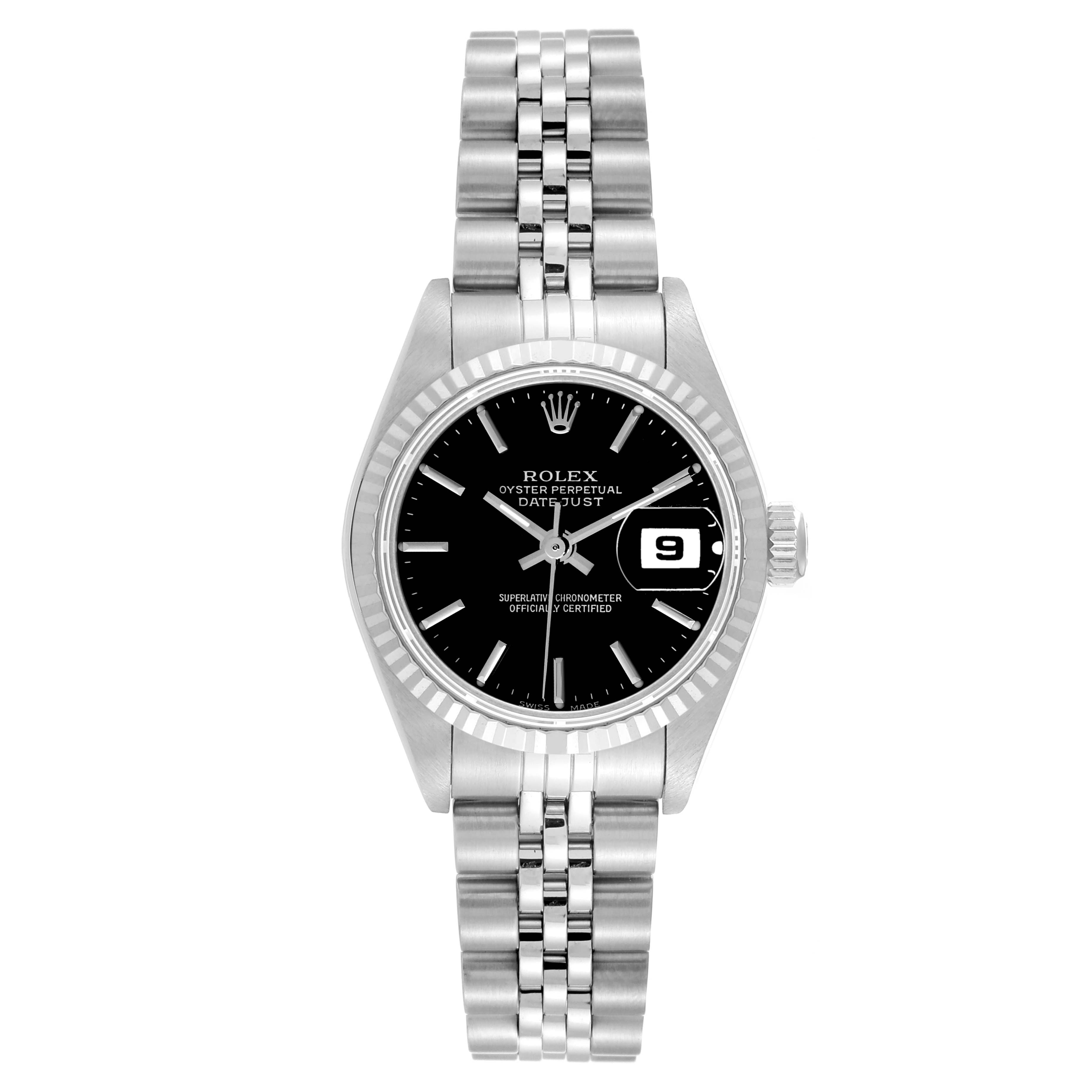 This image displays a front view of the Rolex Datejust 79174 Women's Stainless Steel Black Dial 79174 Women's Stainless Steel Black Dial watch, including the dial, bezel, and bracelet.