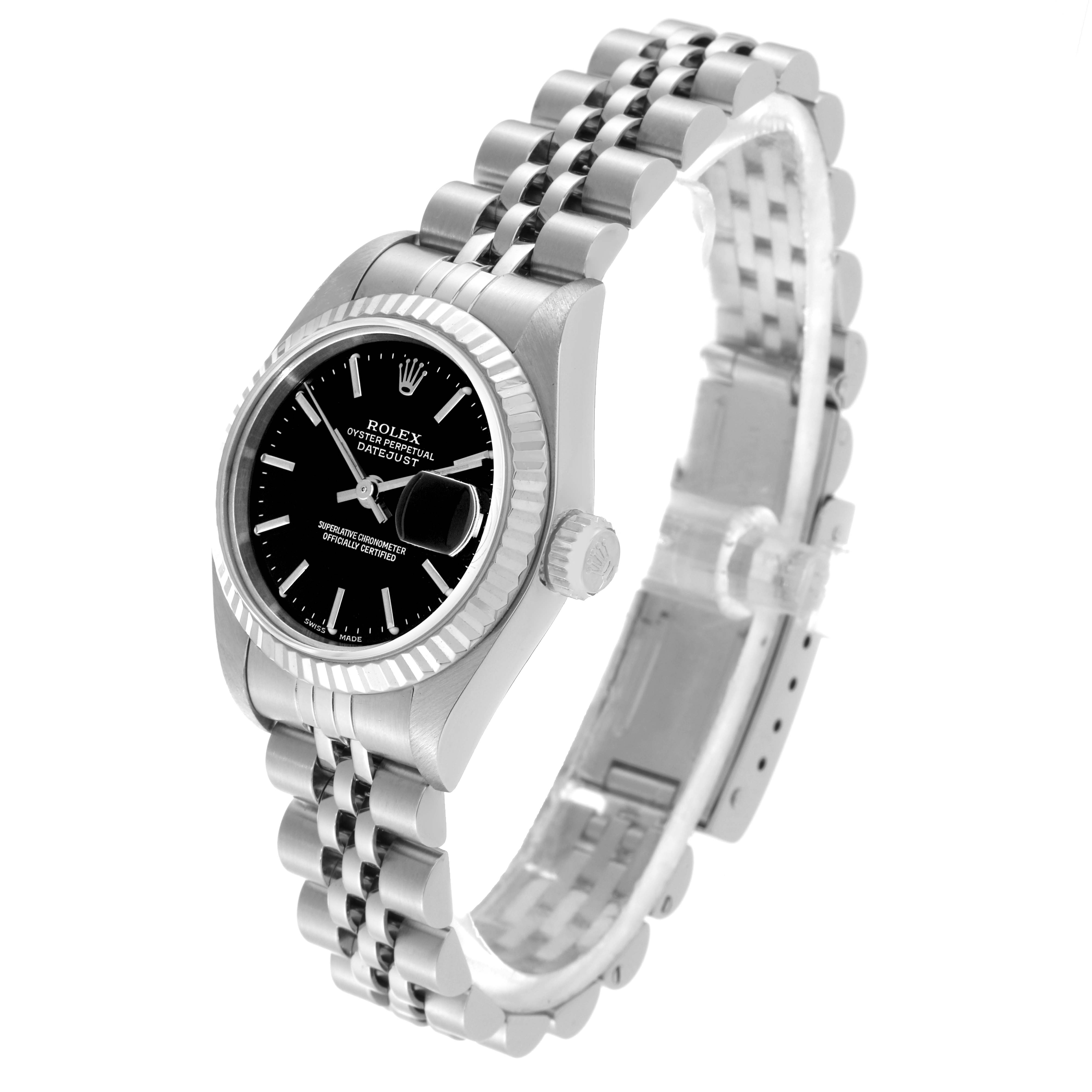 The image shows a Rolex Datejust 79174 Women's Stainless Steel Black Dial 79174 Women's Stainless Steel Black Dial watch at an angle displaying the face, bezel, crown, and jubilee bracelet.