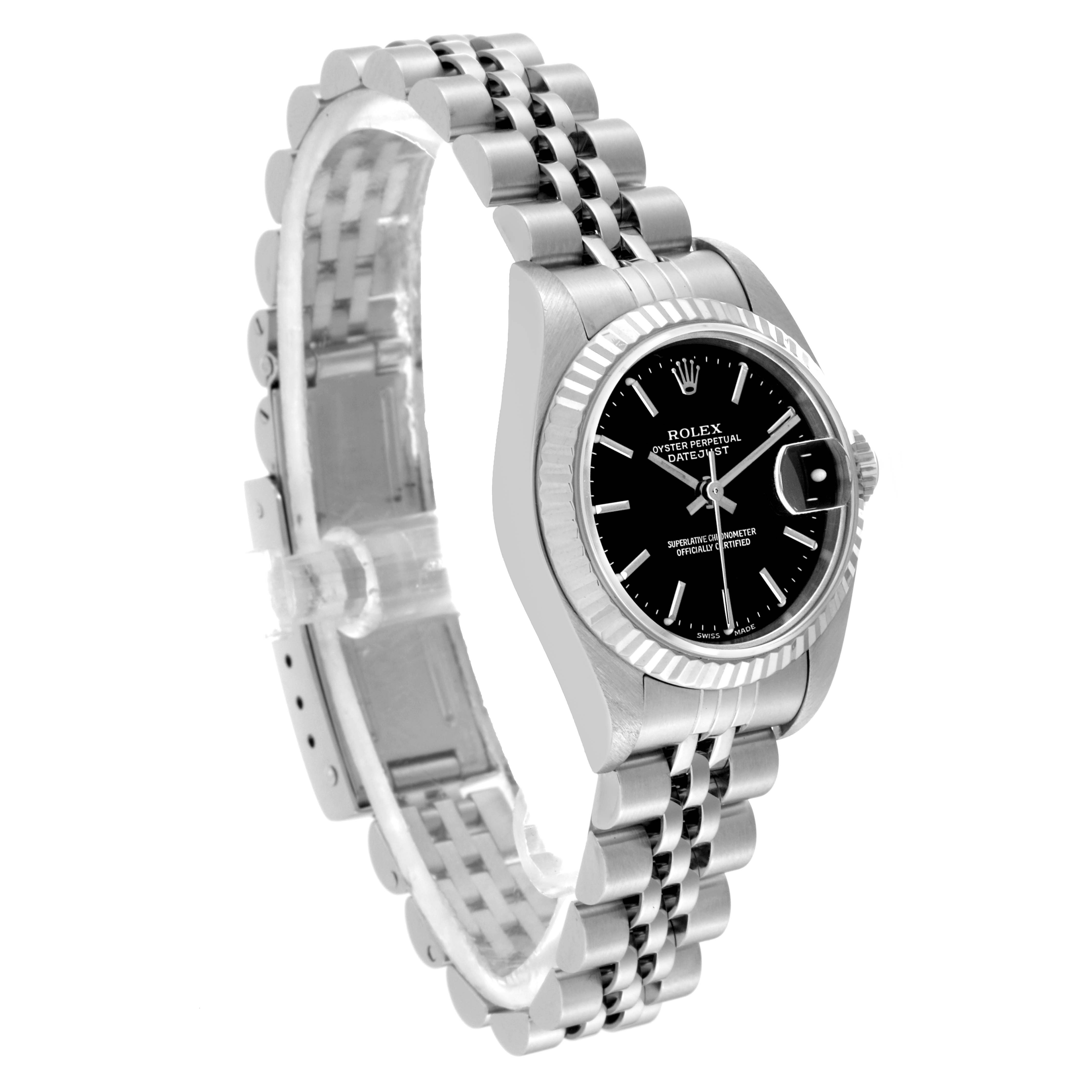 This image shows a side angle of the Rolex Datejust 79174 Women's Stainless Steel Black Dial 79174 Women's Stainless Steel Black Dial watch, displaying the bracelet, bezel, and dial.