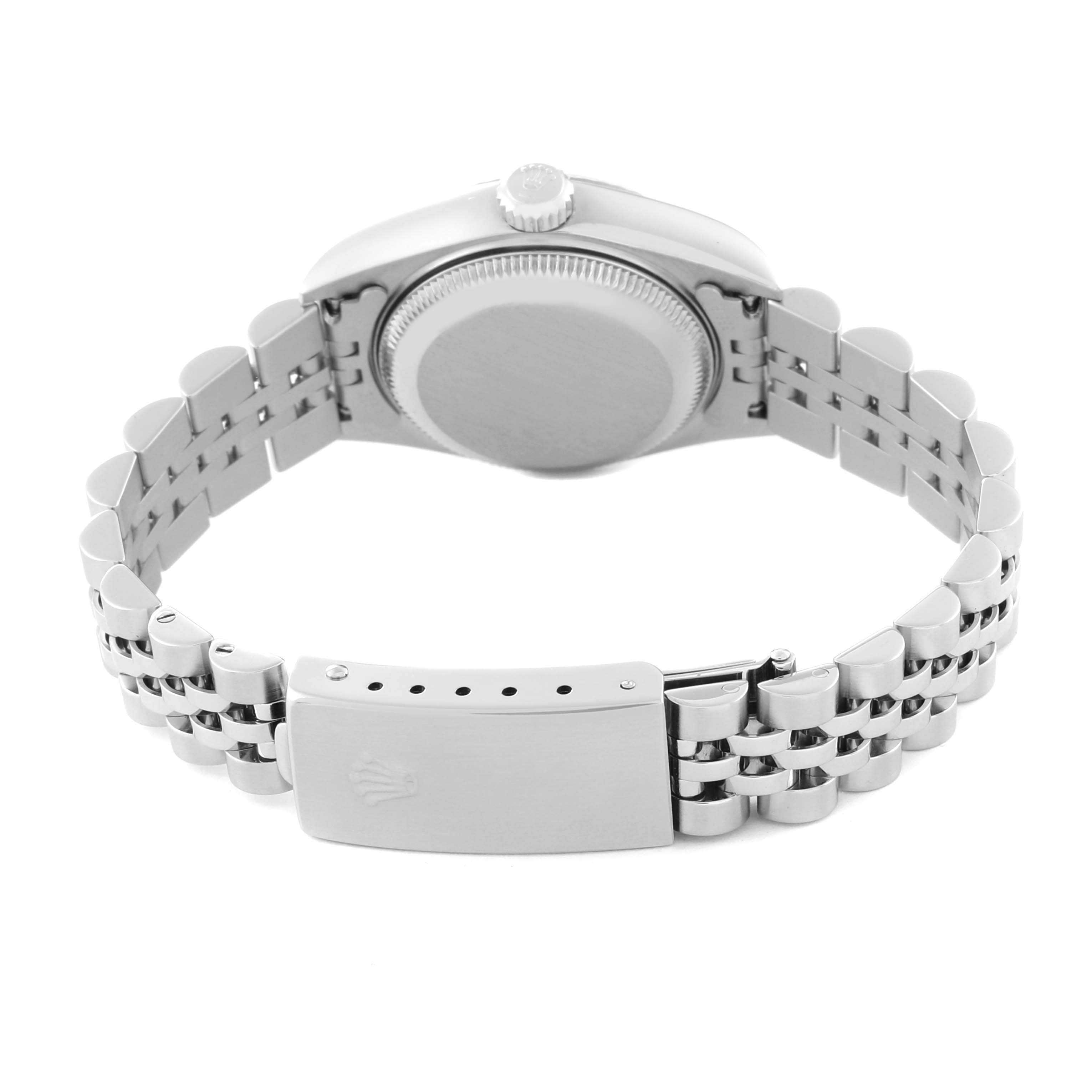 This image shows the back view of a Rolex Datejust 79174 Women's Stainless Steel Black Dial 79174 Women's Stainless Steel Black Dial watch, featuring the clasp and bracelet with the case back visible.