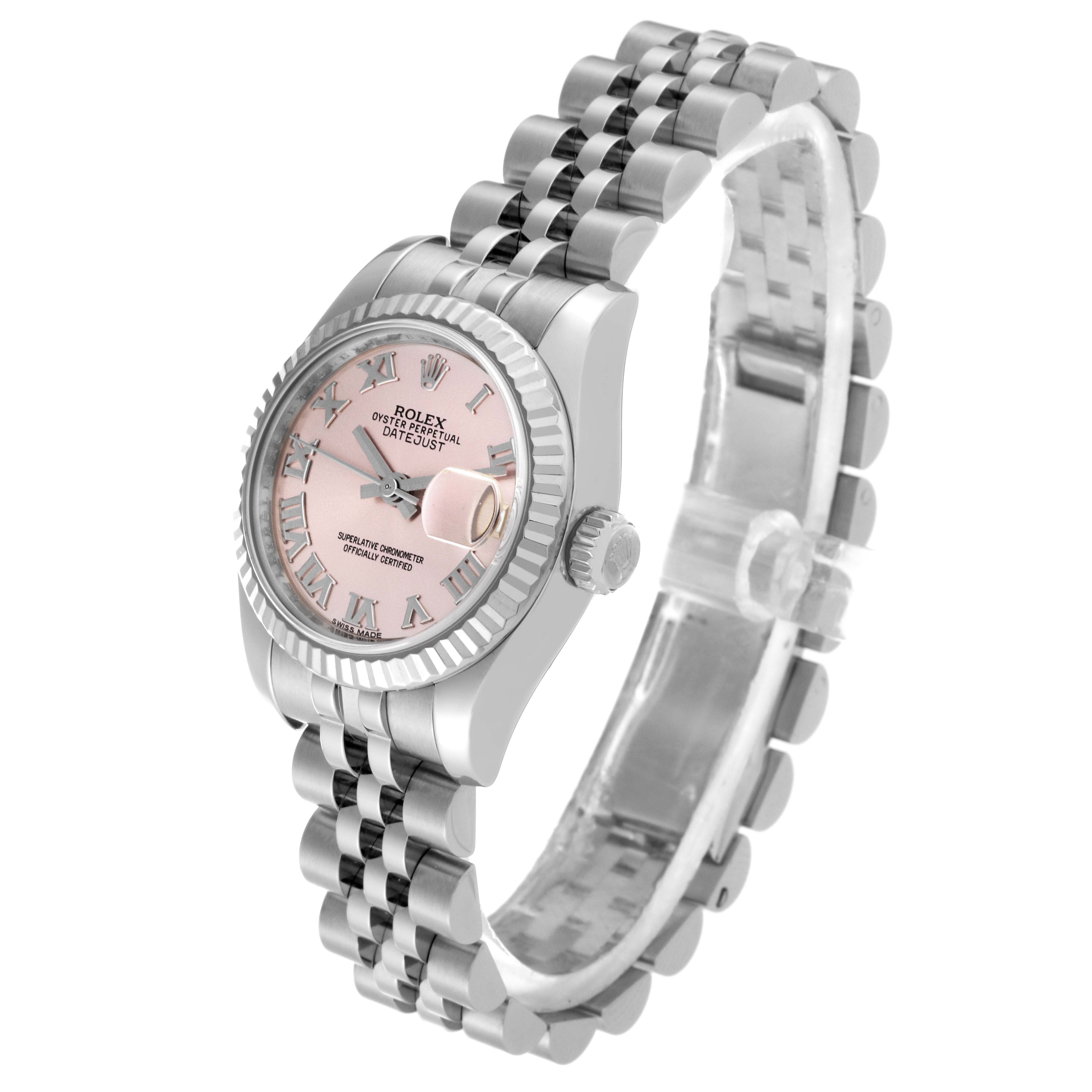 The Rolex Datejust 179174 Women's Stainless Steel Pink Dial 179174 Women's Stainless Steel Pink Dial model watch is shown at an angle from the front-left, displaying the dial, bracelet, and crown.