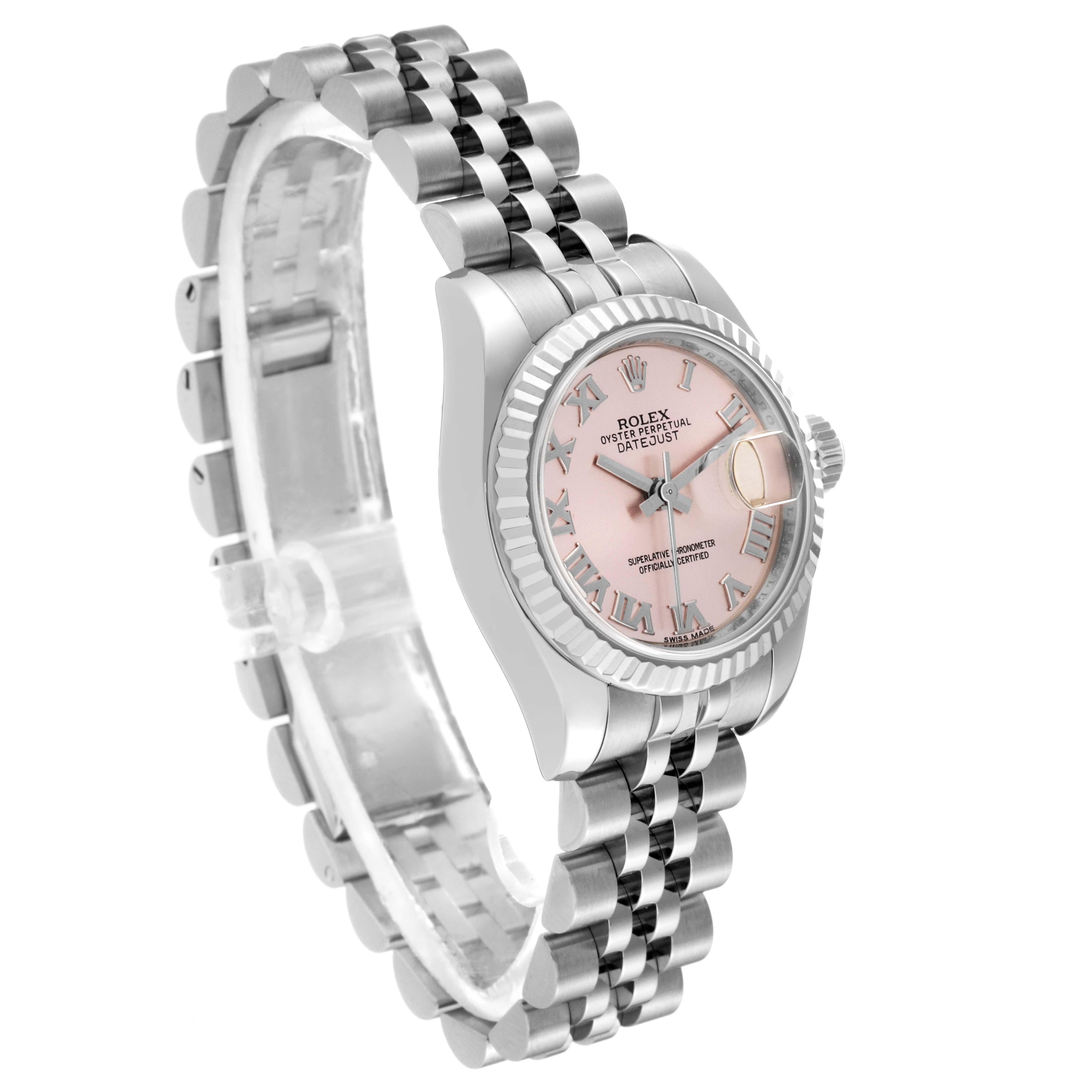 This image shows a Rolex Datejust 179174 Women's Stainless Steel Pink Dial 179174 Women's Stainless Steel Pink Dial watch from a side angle, highlighting the bracelet, case, bezel, and dial.
