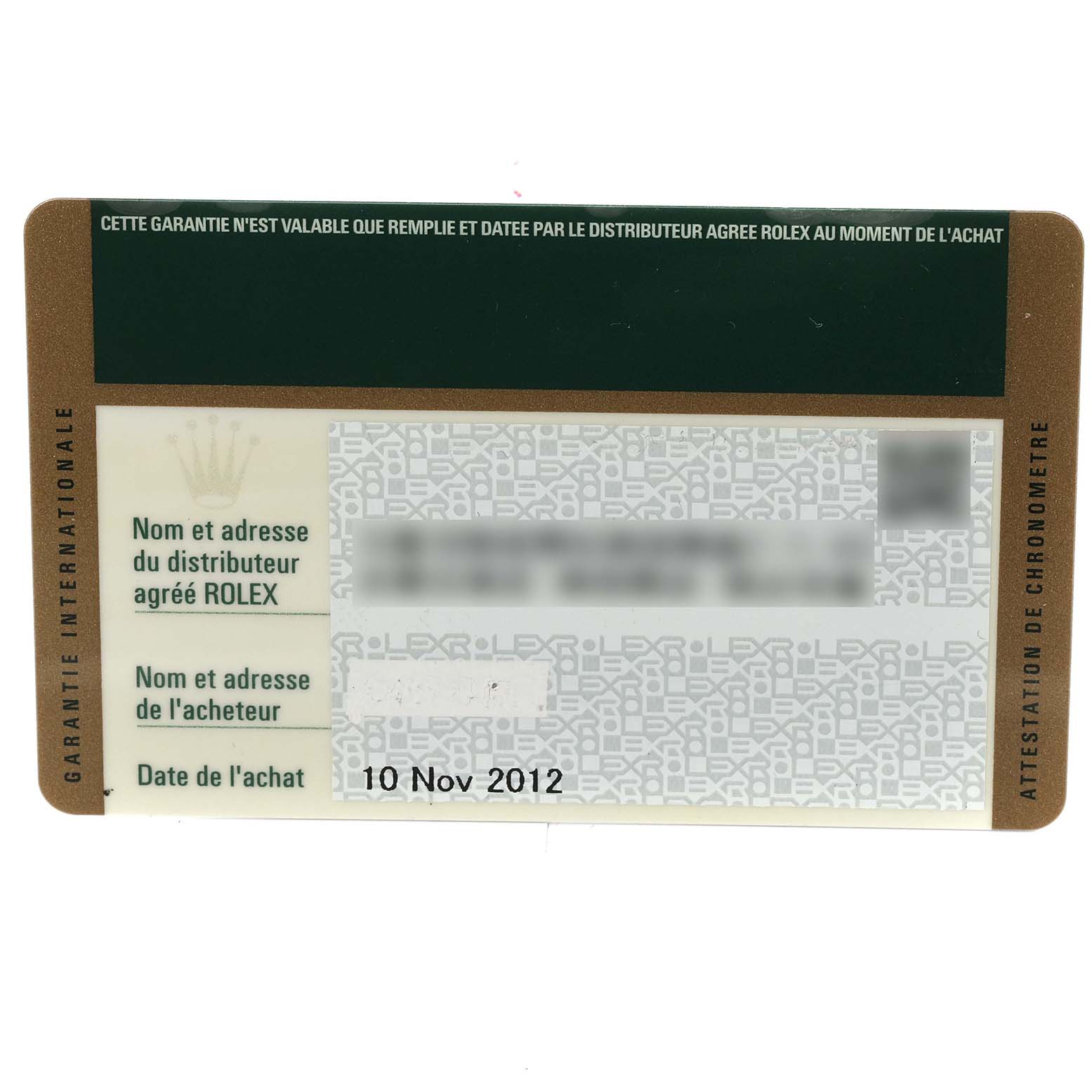 This is an image of a Rolex Datejust 179174 Women's Stainless Steel Pink Dial 179174 Women's Stainless Steel Pink Dial warranty card.