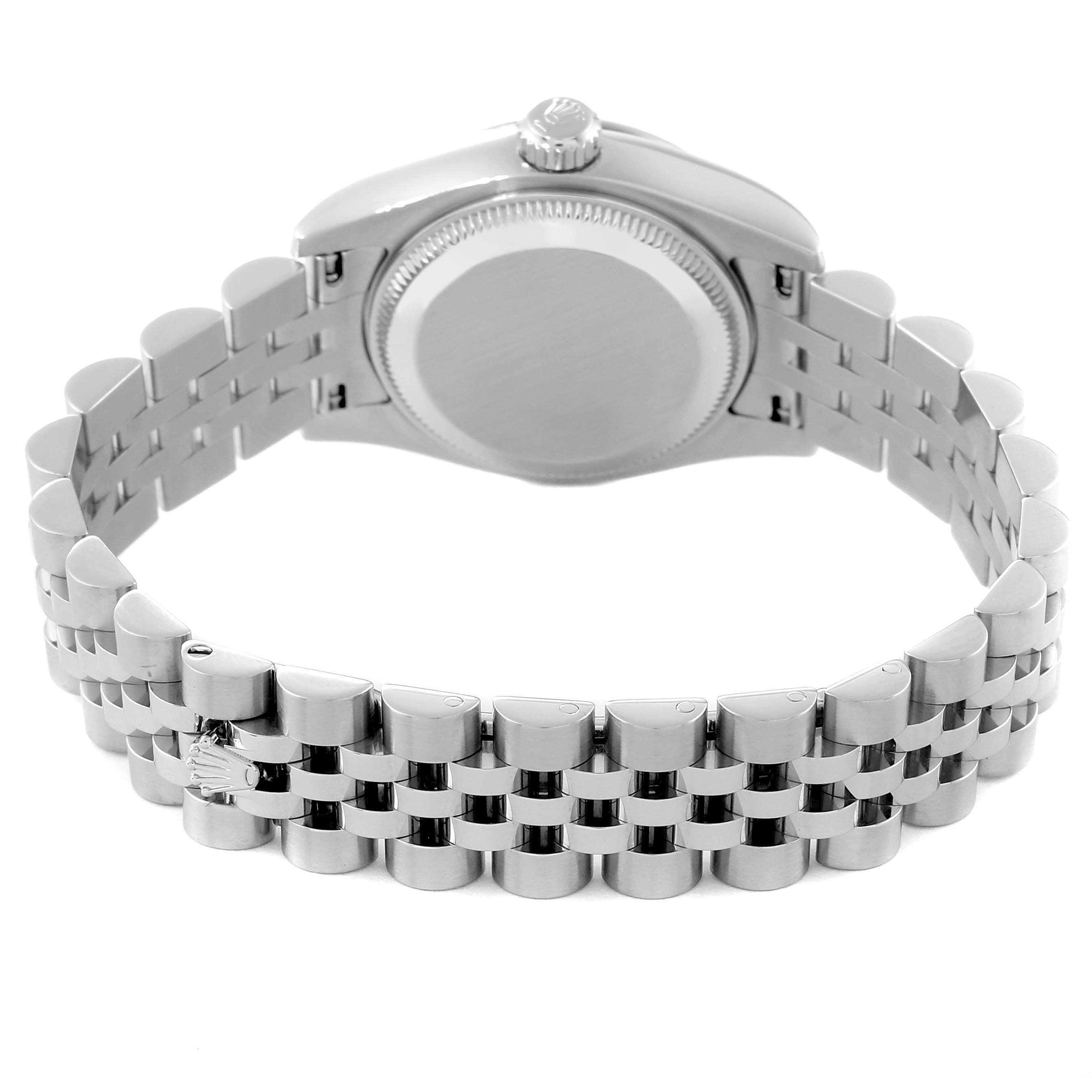 This image shows the back view of the Rolex Datejust 179174 Women's Stainless Steel Pink Dial 179174 Women's Stainless Steel Pink Dial watch and its Jubilee bracelet.