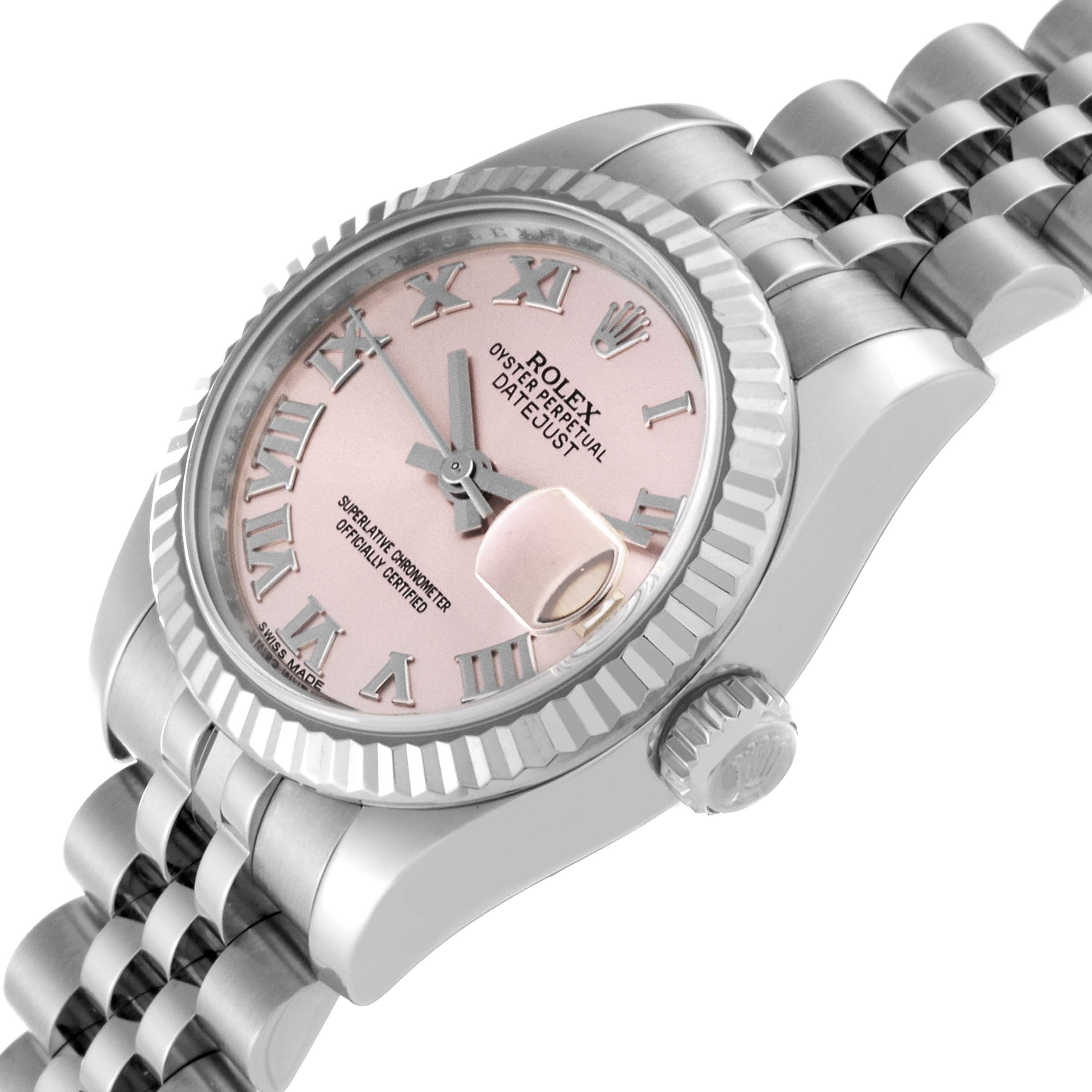 This image shows the Rolex Datejust 179174 Women's Stainless Steel Pink Dial 179174 Women's Stainless Steel Pink Dial watch at an angled view, highlighting its pink dial, bezel, crown, and part of the bracelet.