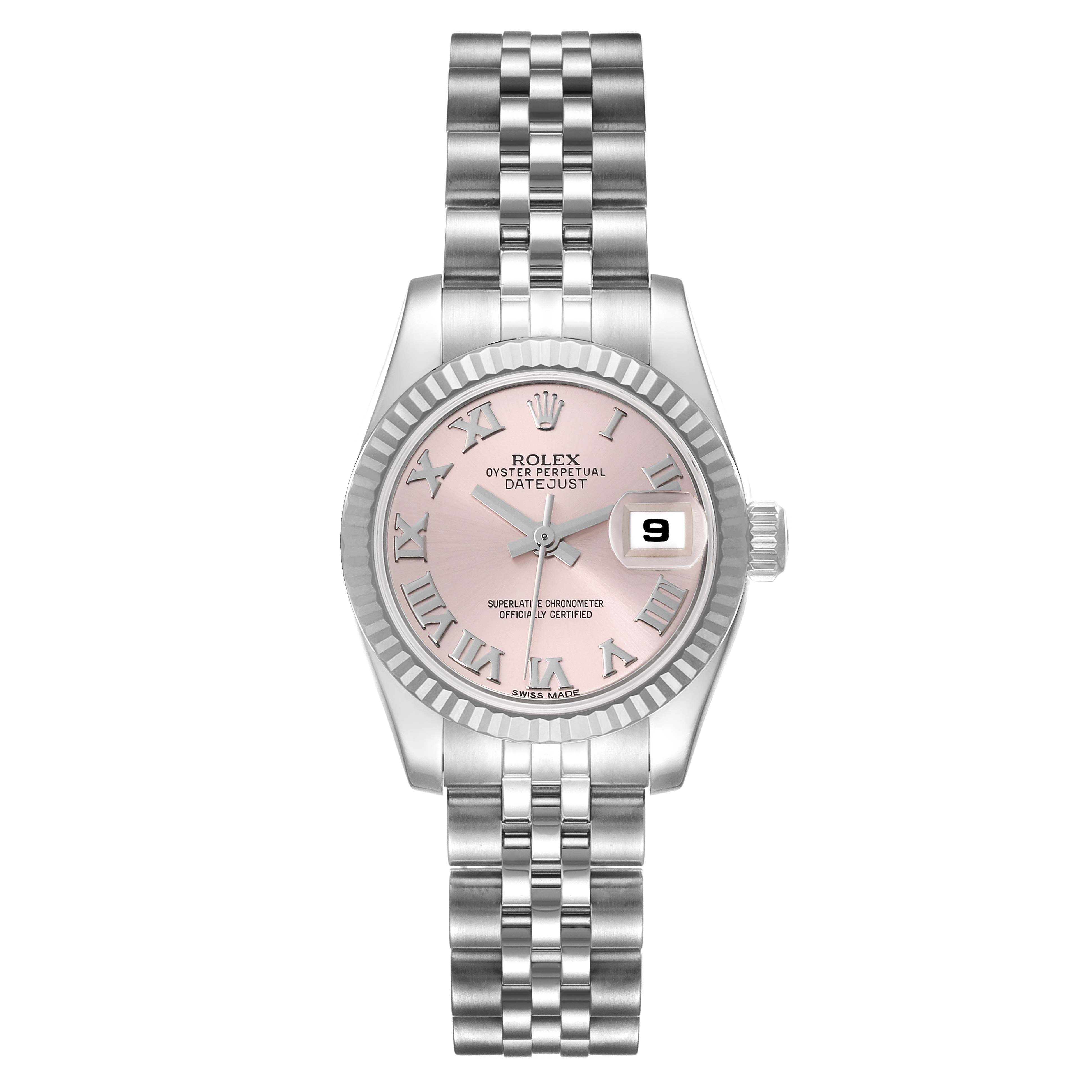 This Rolex Datejust 179174 Women's Stainless Steel Pink Dial 179174 Women's Stainless Steel Pink Dial watch is shown from the front, displaying its dial, bezel, and bracelet.