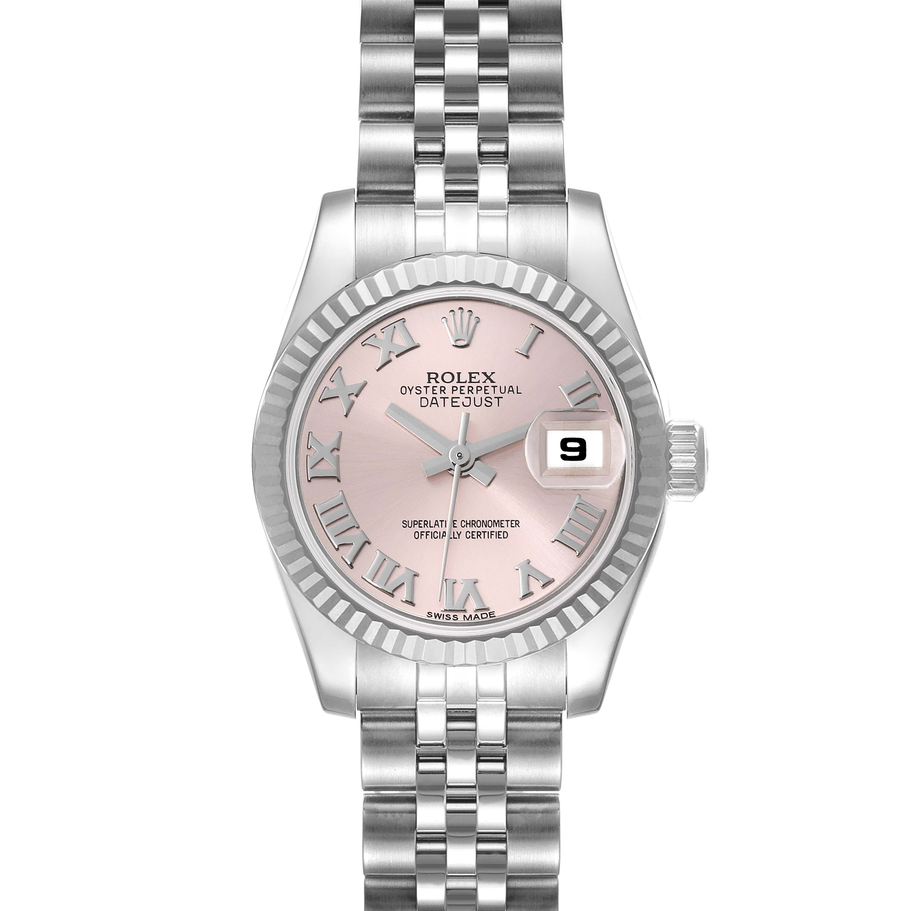 The image shows a front view of the Rolex Datejust 179174 Women's Stainless Steel Pink Dial 179174 Women's Stainless Steel Pink Dial watch, highlighting its pink dial, fluted bezel, Roman numerals, and metal bracelet.