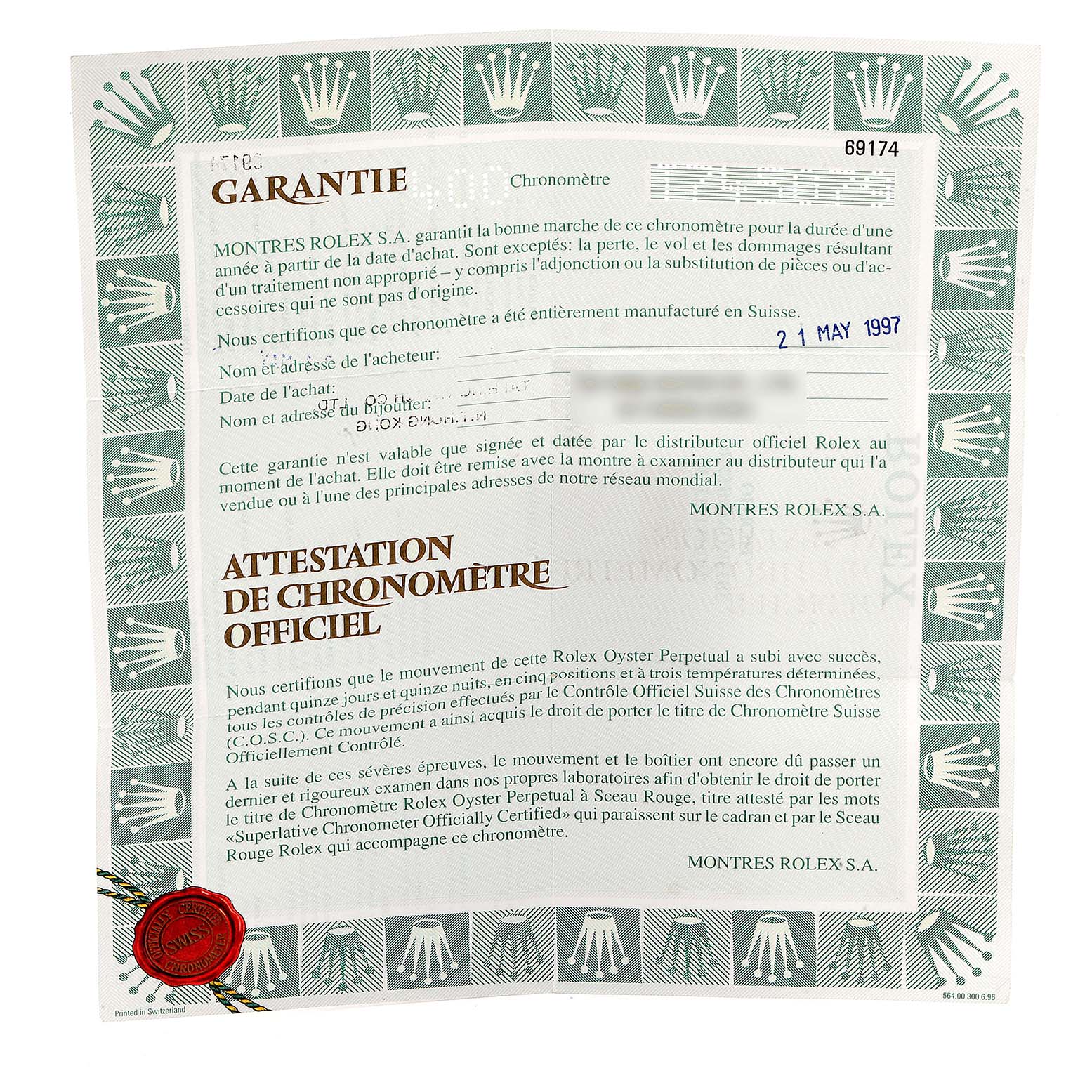 This is the official guarantee and chronometer certification document for the Rolex Datejust 69174  Women
s Stainless Steel White Dial 69174  Women
s Stainless Steel White Dial model.