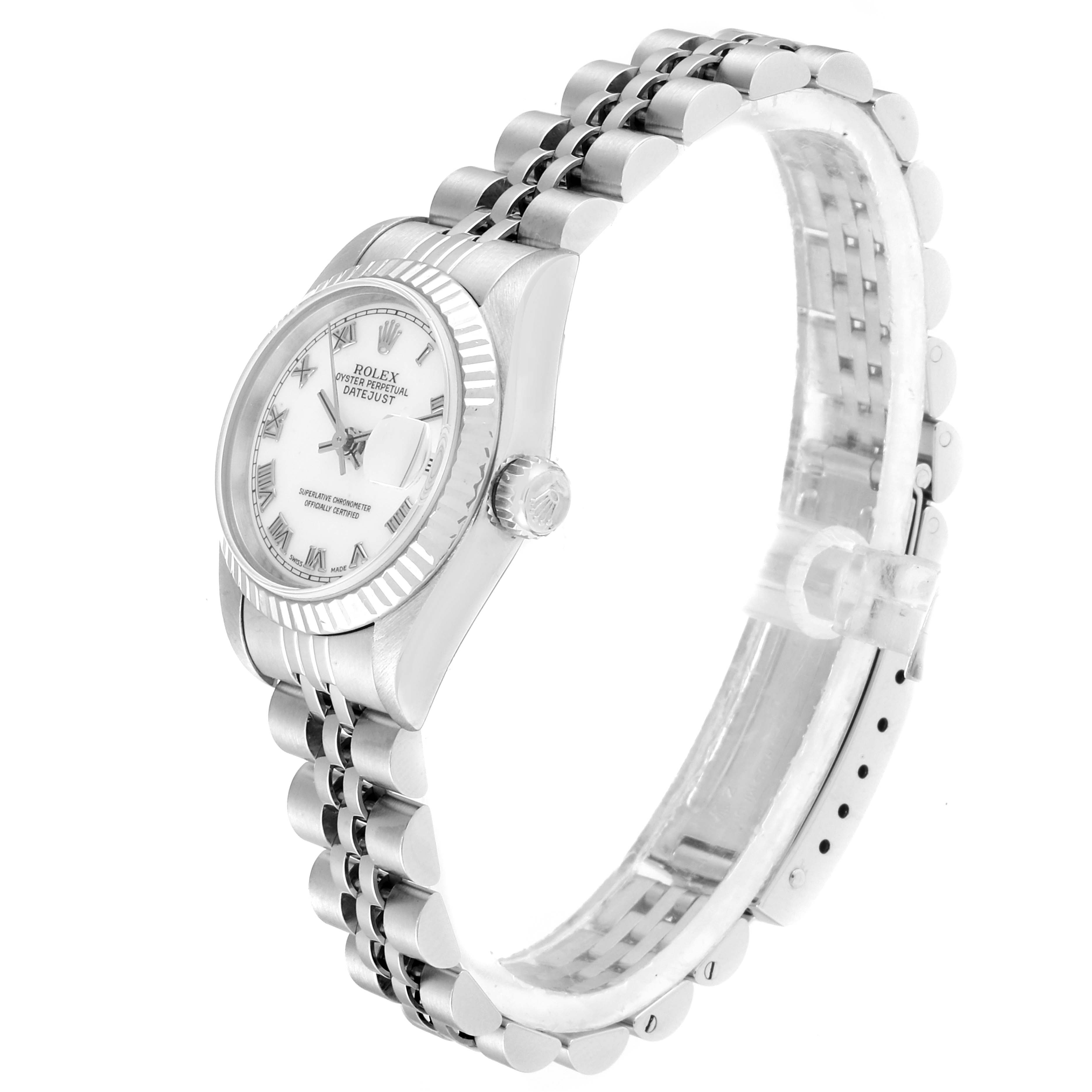 The image shows a side view of a Rolex Datejust 69174  Women
s Stainless Steel White Dial 69174  Women
s Stainless Steel White Dial watch, highlighting its dial, bezel, crown, and bracelet.