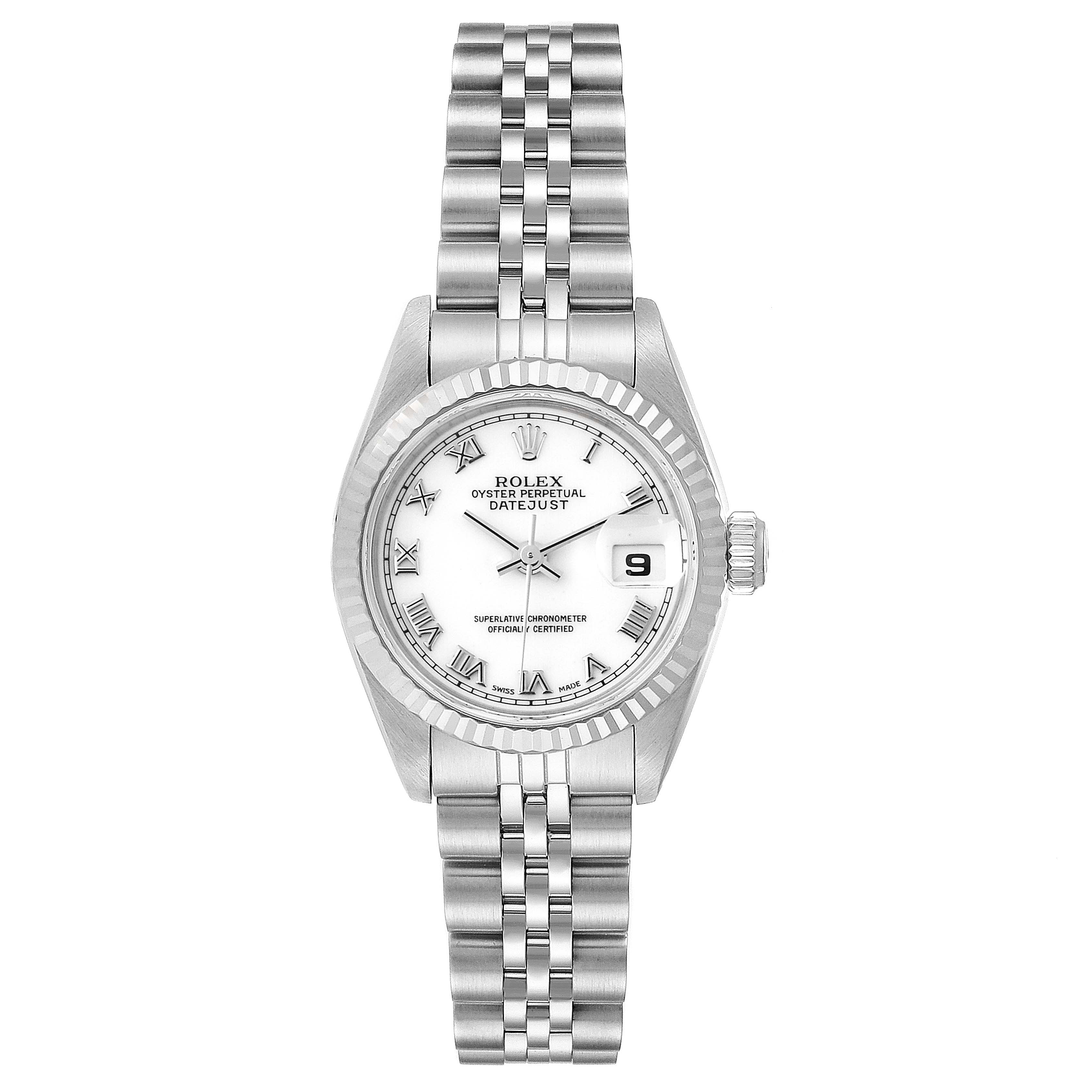 This image shows a Rolex Datejust 69174  Women
s Stainless Steel White Dial 69174  Women
s Stainless Steel White Dial watch from a top-down angle, displaying the face, bezel, and bracelet.