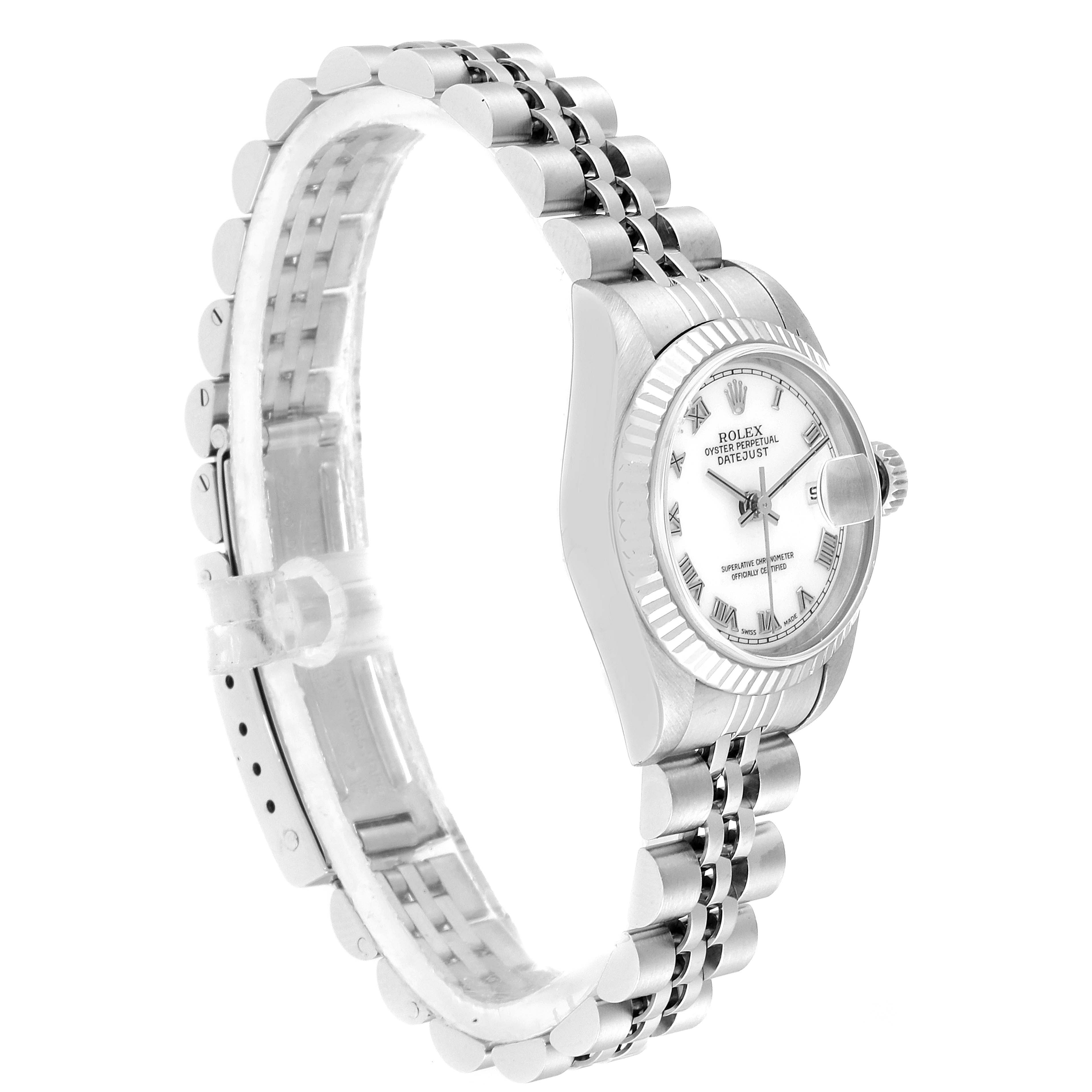 The image shows a side view of a Rolex Datejust 69174  Women
s Stainless Steel White Dial 69174  Women
s Stainless Steel White Dial watch, highlighting its face, bezel, and bracelet.