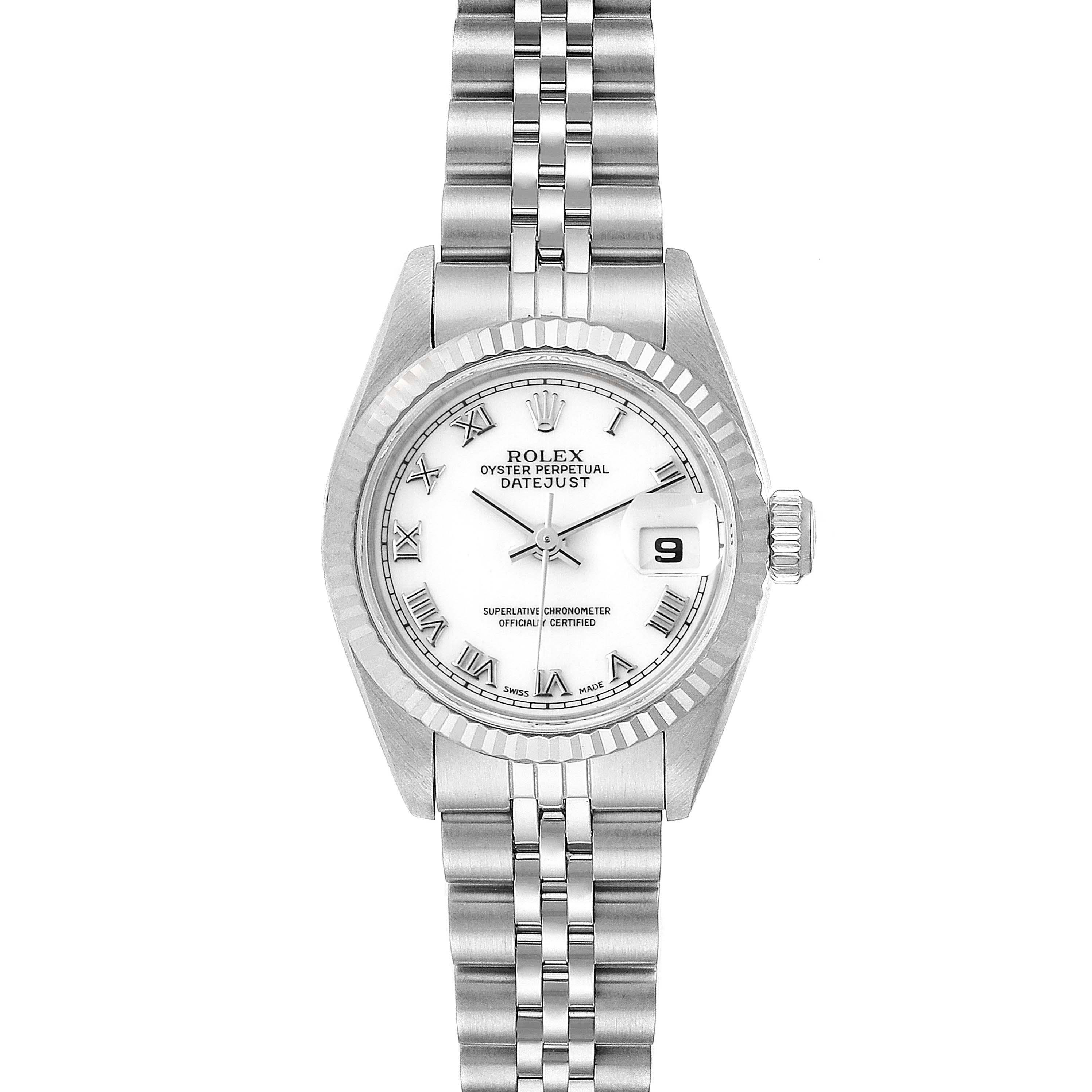 This image shows a Rolex Datejust 69174  Women
s Stainless Steel White Dial 69174  Women
s Stainless Steel White Dial watch from a top-down angle, displaying the dial, bezel, and bracelet.