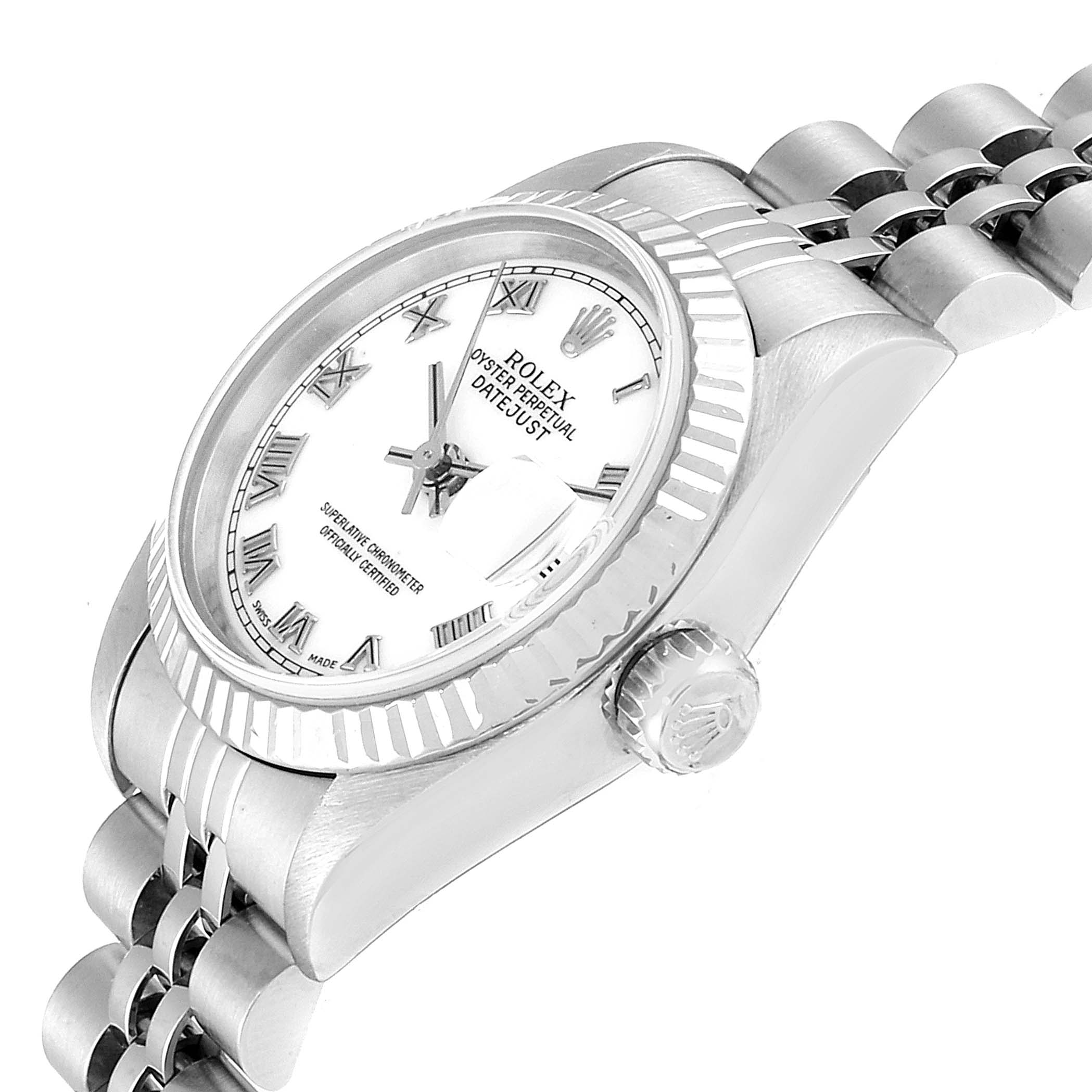 A Rolex Datejust 69174  Women
s Stainless Steel White Dial 69174  Women
s Stainless Steel White Dial watch is shown at a tilted side angle, displaying the dial, bezel, crown, and part of the bracelet.